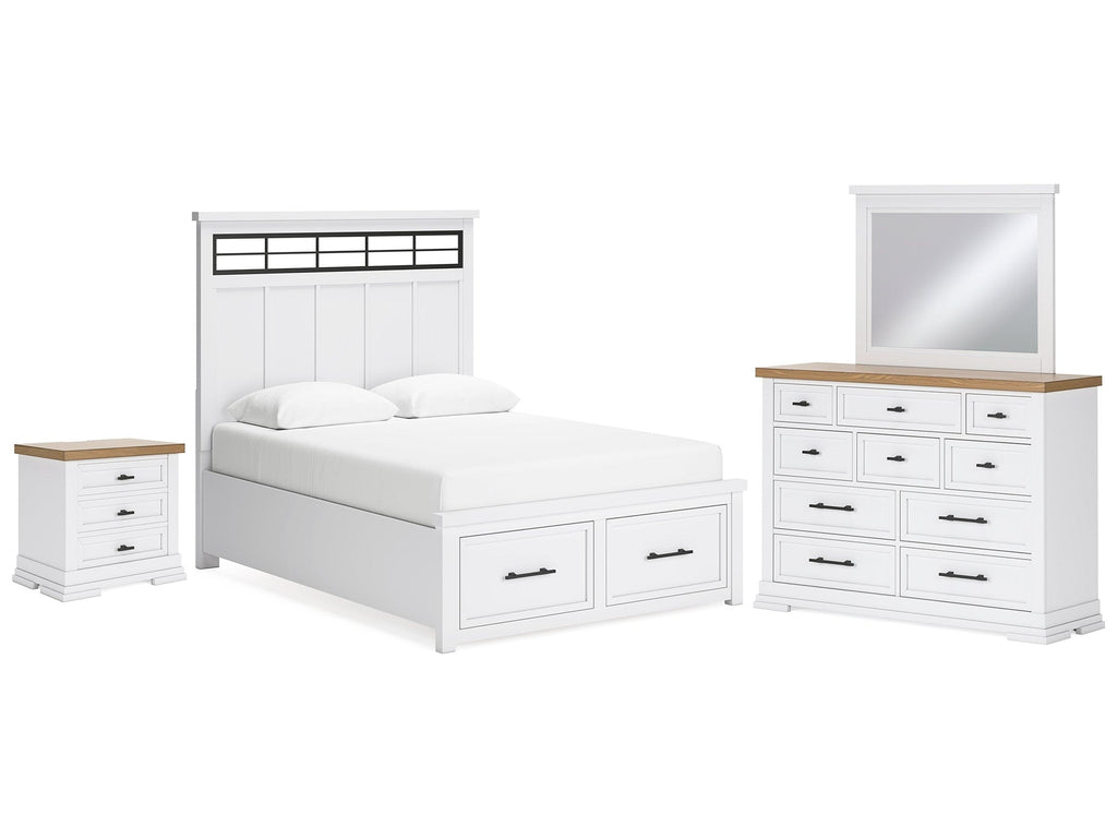Ashbryn /Natural Queen Storage Bed, Dresser, Mirror and Nightstand, White