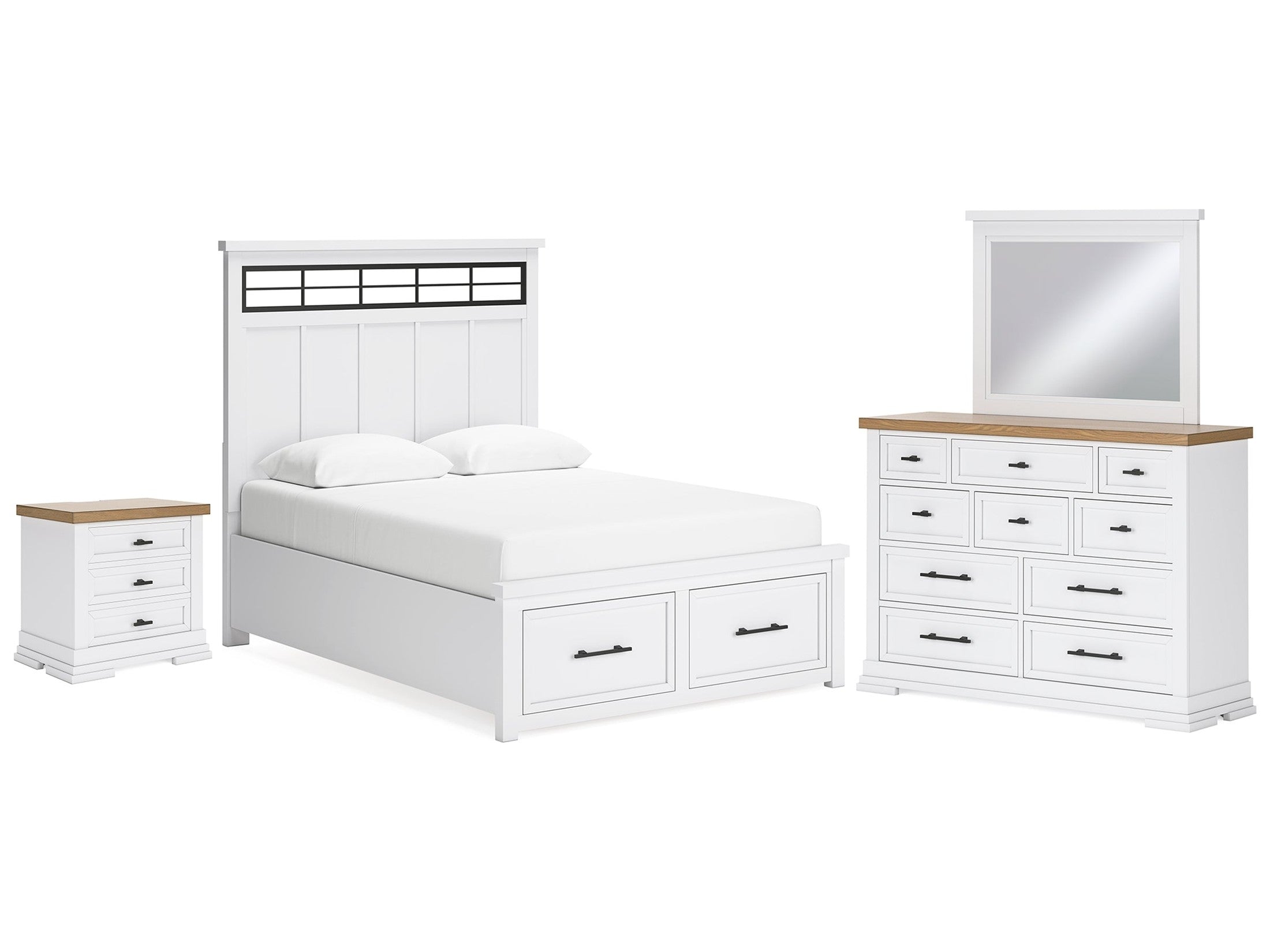 Ashbryn /Natural Queen Storage Bed, Dresser, Mirror and Nightstand, White
