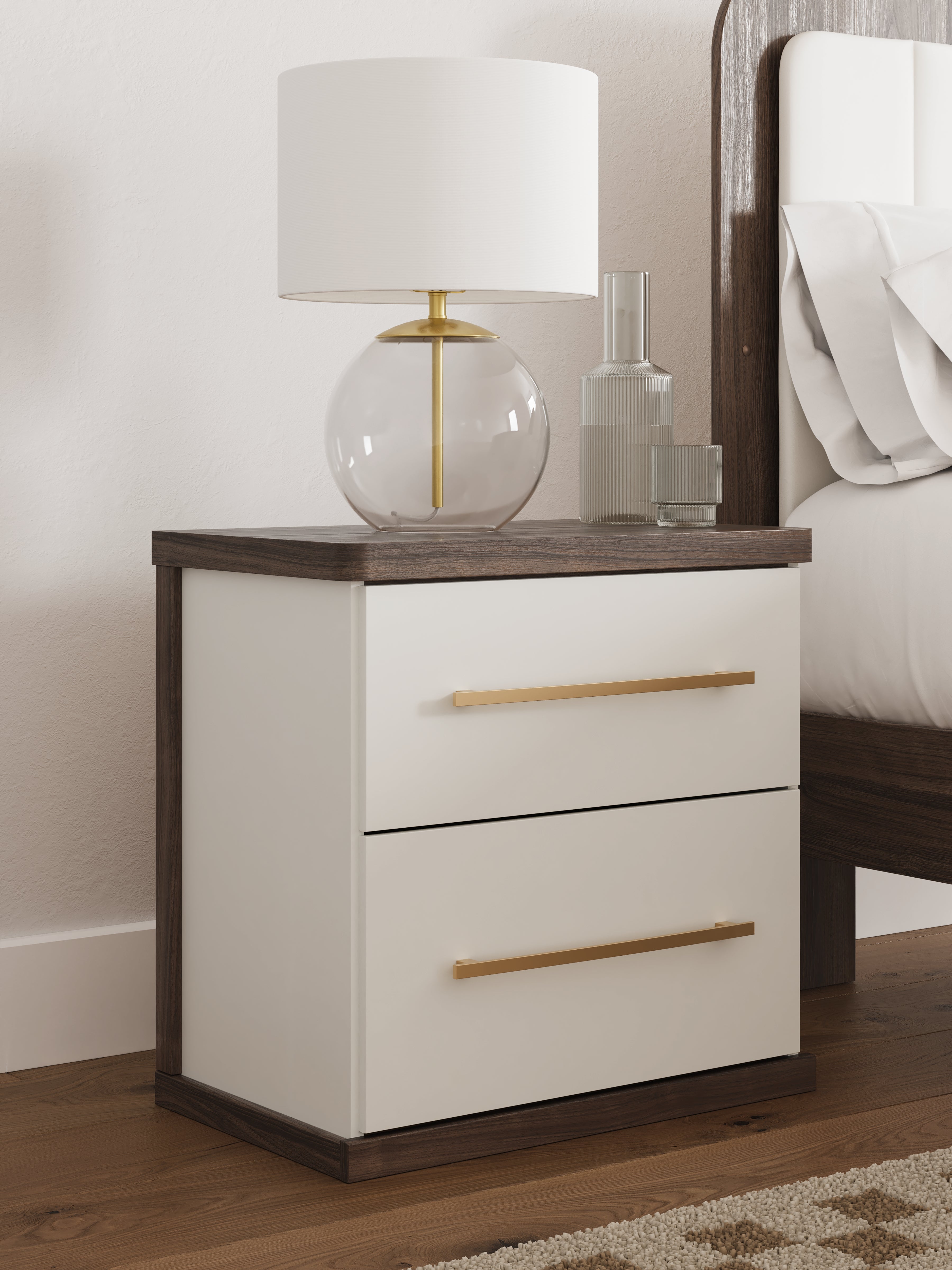 Kendanport White/Brown King Upholstered Bed, Dresser and Nightstand