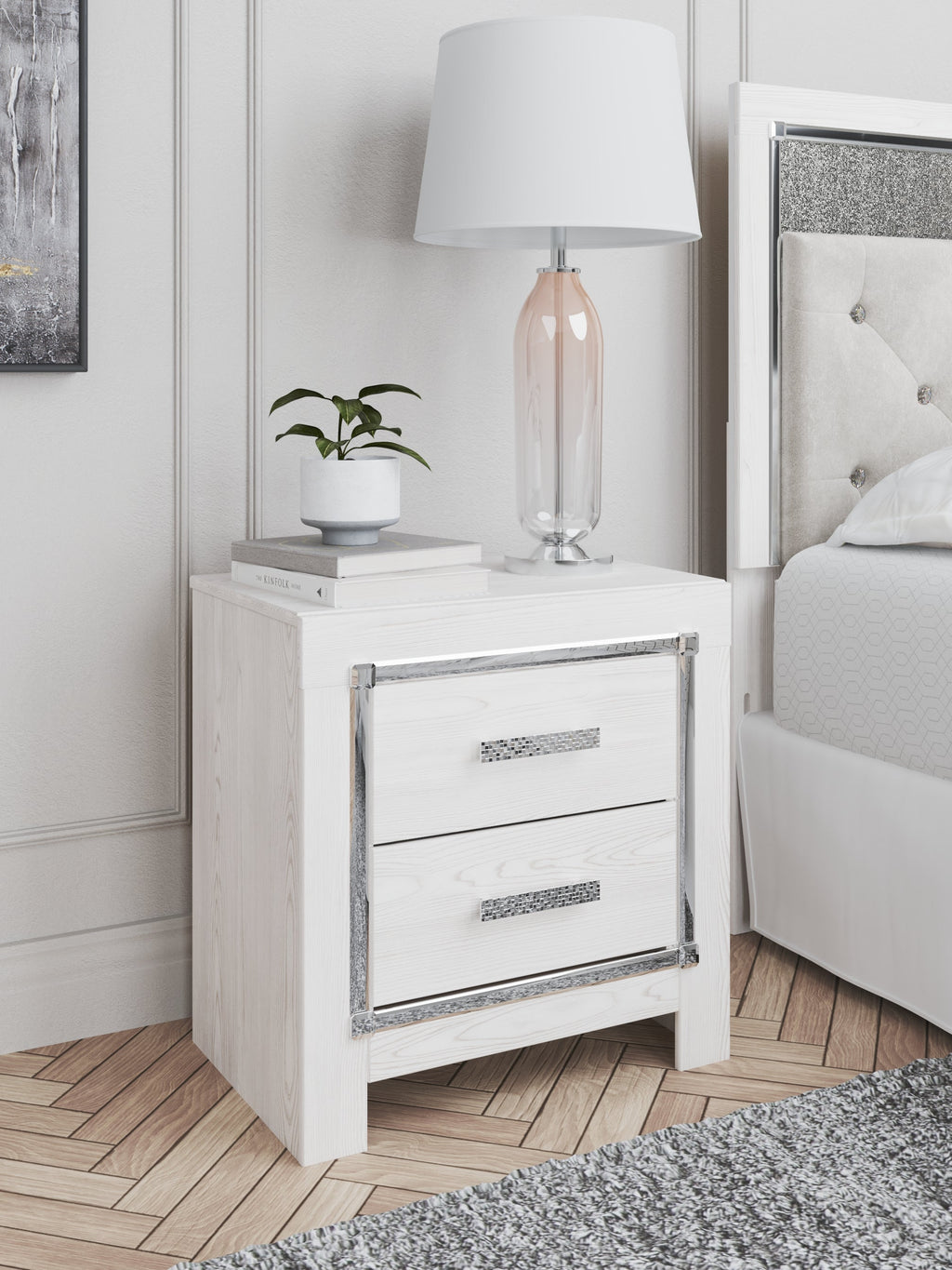 Altyra Full Upholstered Panel Bed, Dresser, Mirror, Chest and Nightstand, White