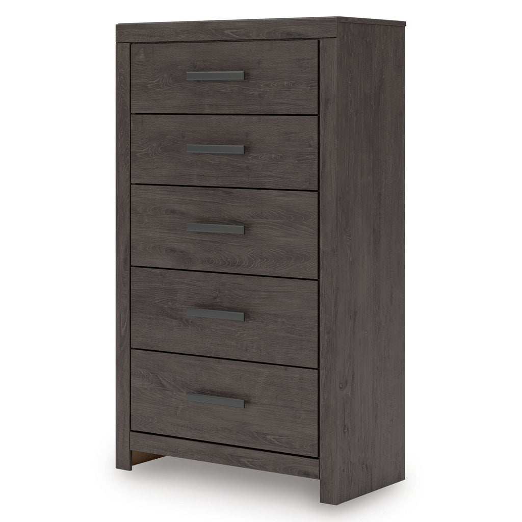 Prendonea King Panel Bed, Dresser, Mirror, Chest and Nightstand, Charcoal