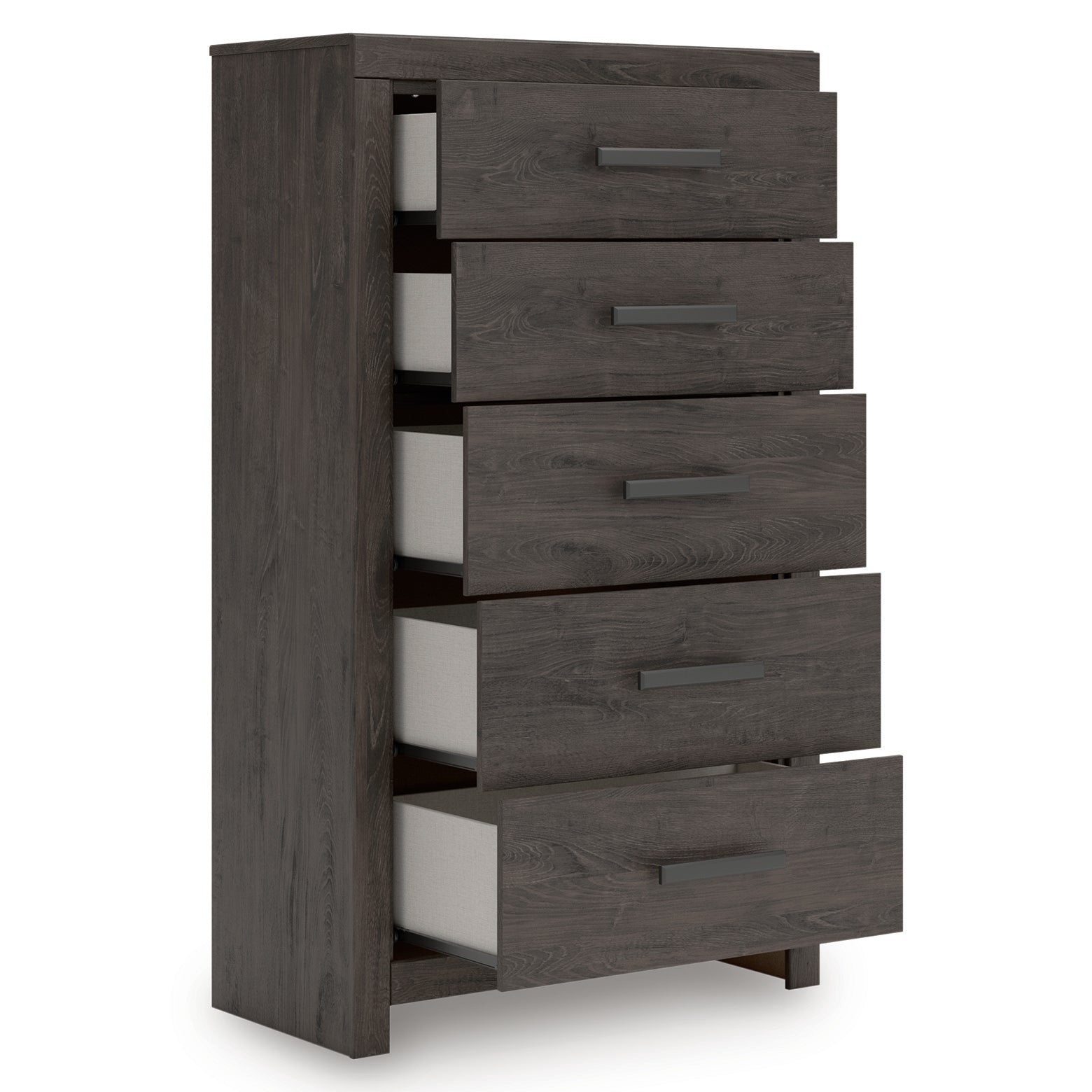 Prendonea King Panel Bed, Dresser, Mirror, Chest and 2 Nightstands, Charcoal