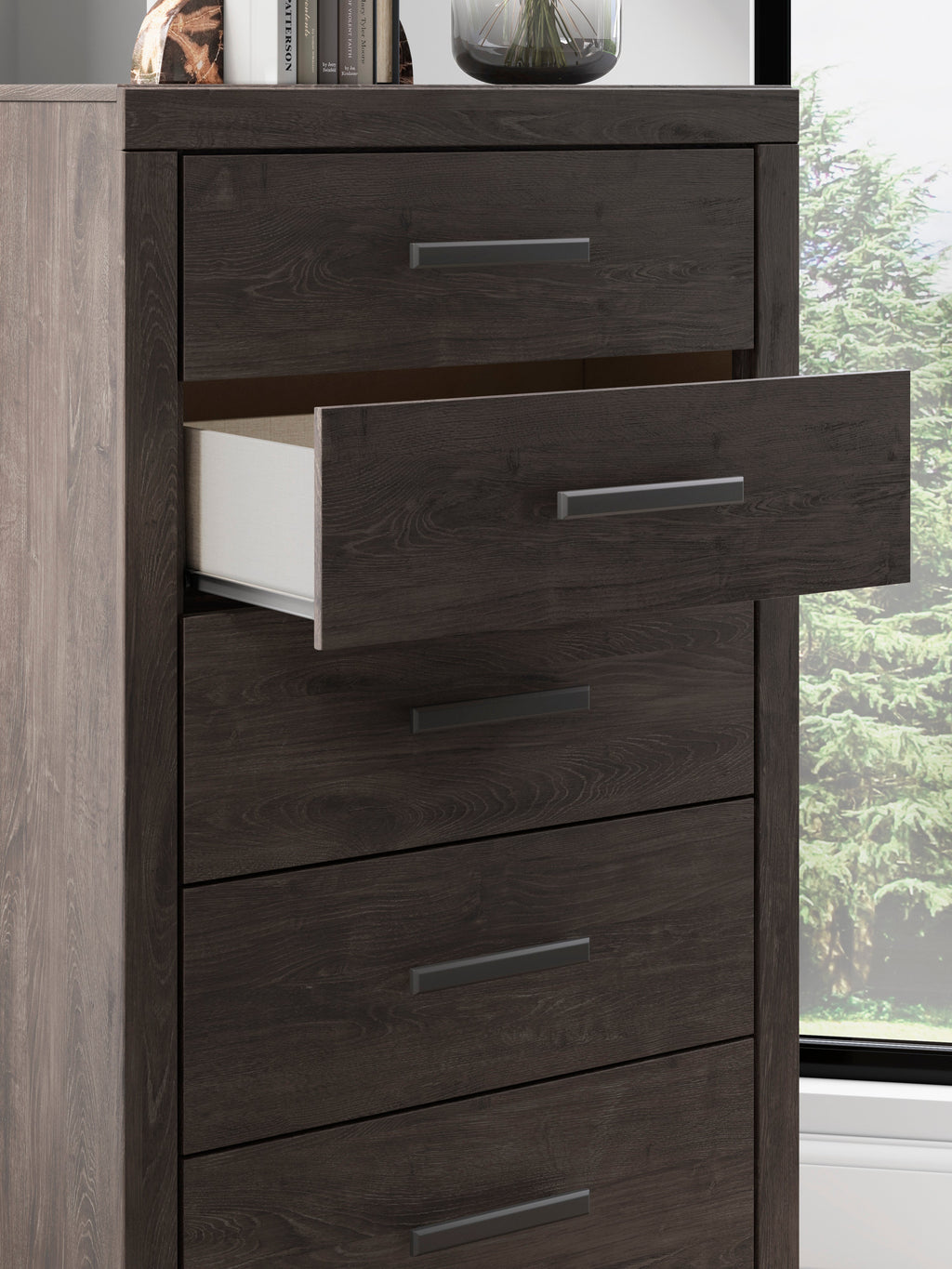 Prendonea King Panel Bed, Dresser, Mirror, Chest and Nightstand, Charcoal