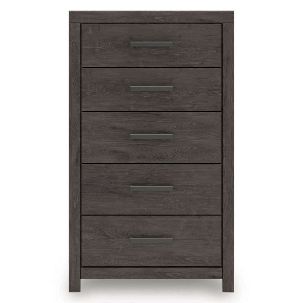 Prendonea King Panel Bed, Dresser, Mirror, Chest and 2 Nightstands, Charcoal