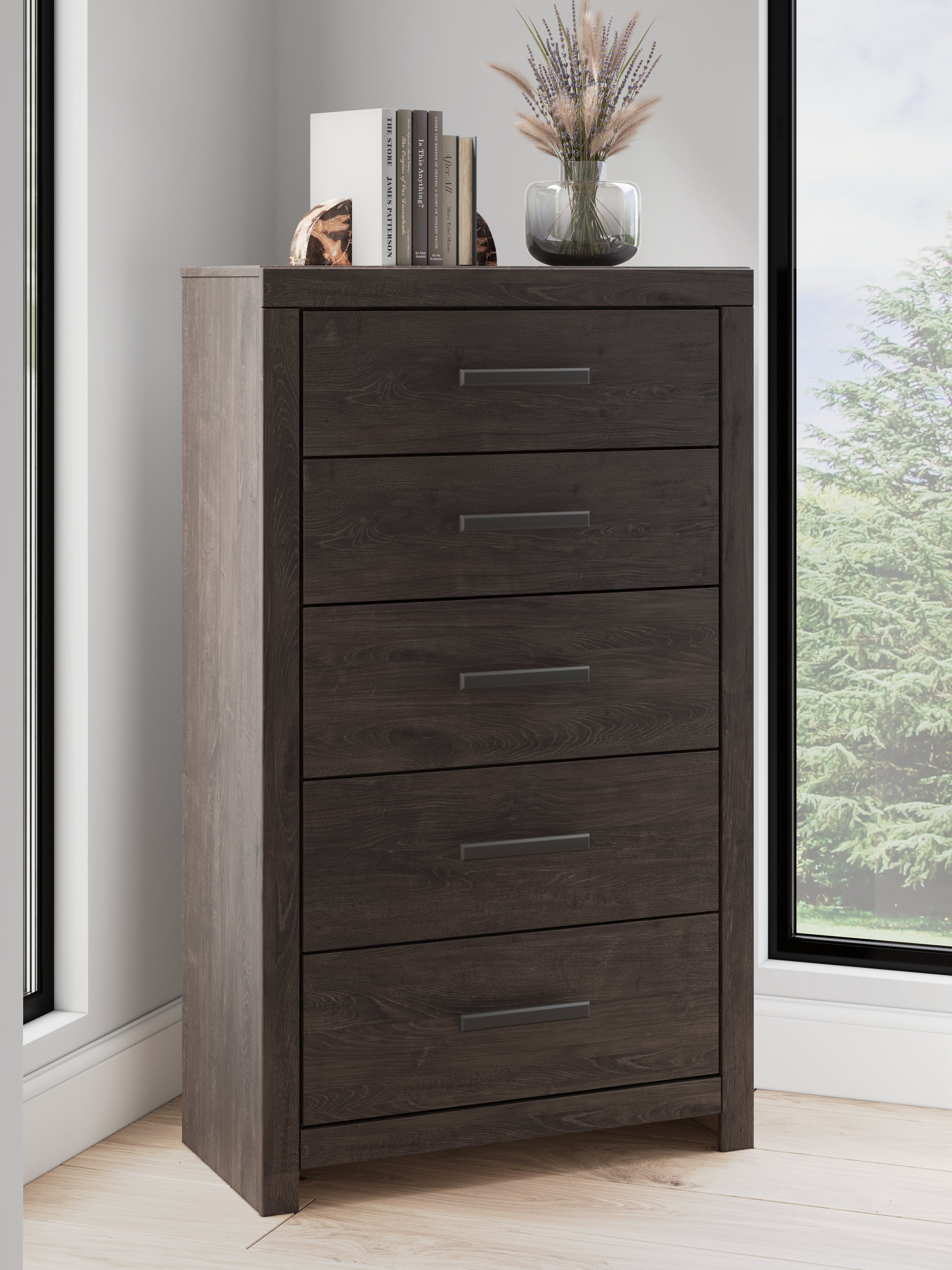 Prendonea Full Panel Bed, Dresser, Mirror, Chest and Nightstand, Charcoal