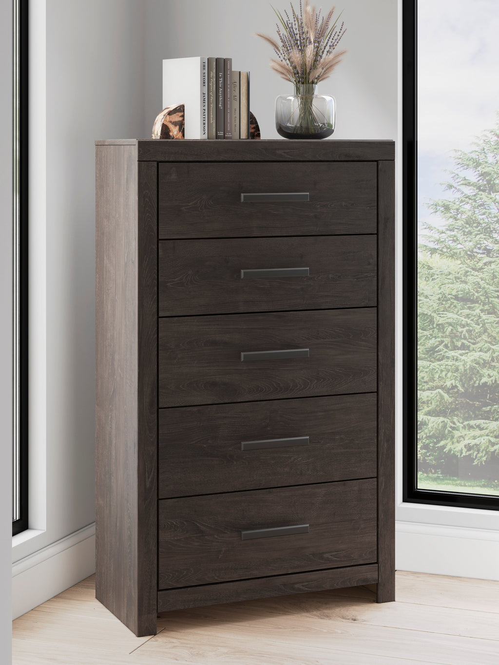Prendonea Queen Panel Bed, Dresser, Mirror, Chest and Nightstand, Charcoal