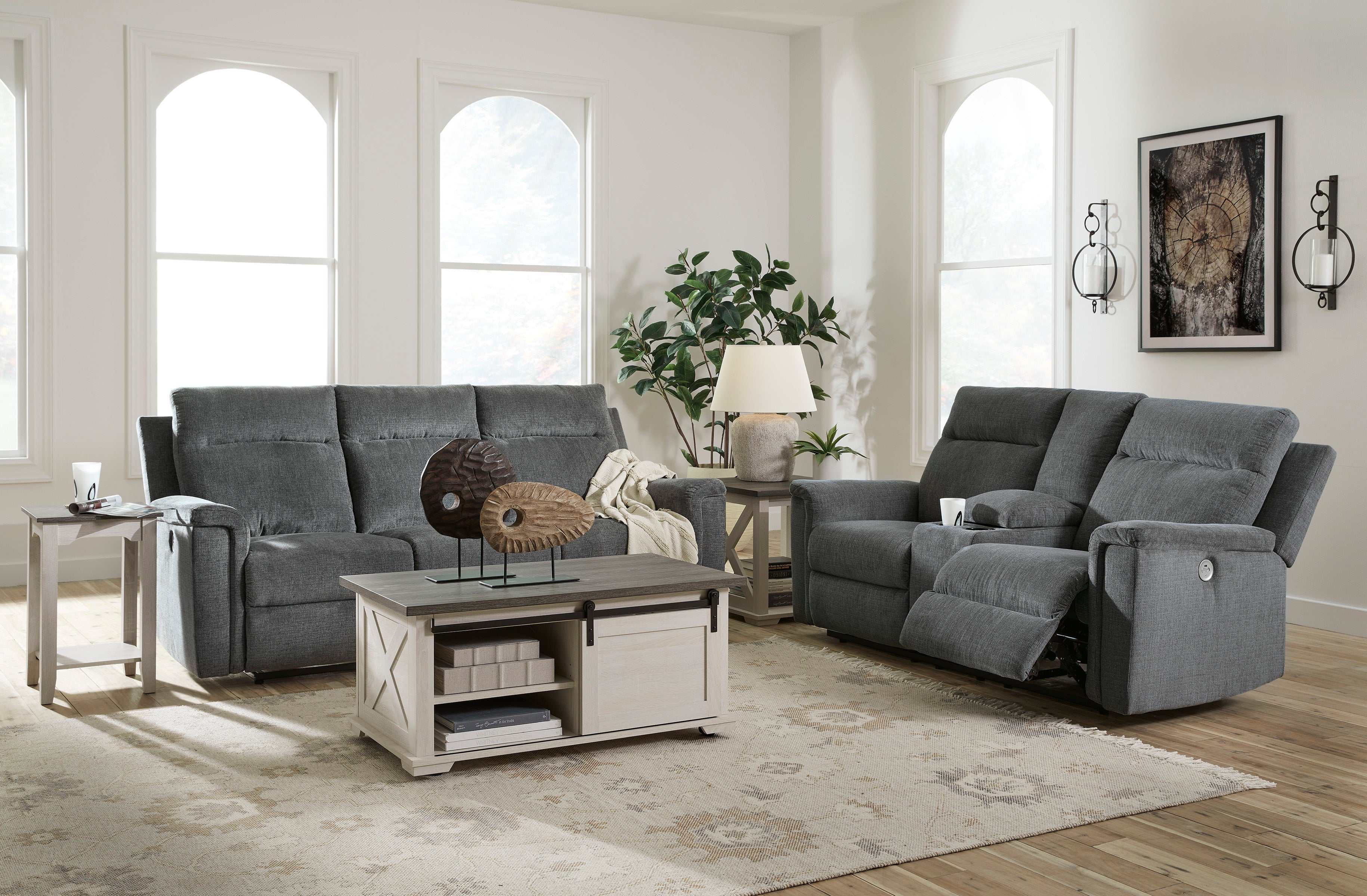 Barnsana Gravel Micro Chenille Power Reclining Living Room Set / 2pc