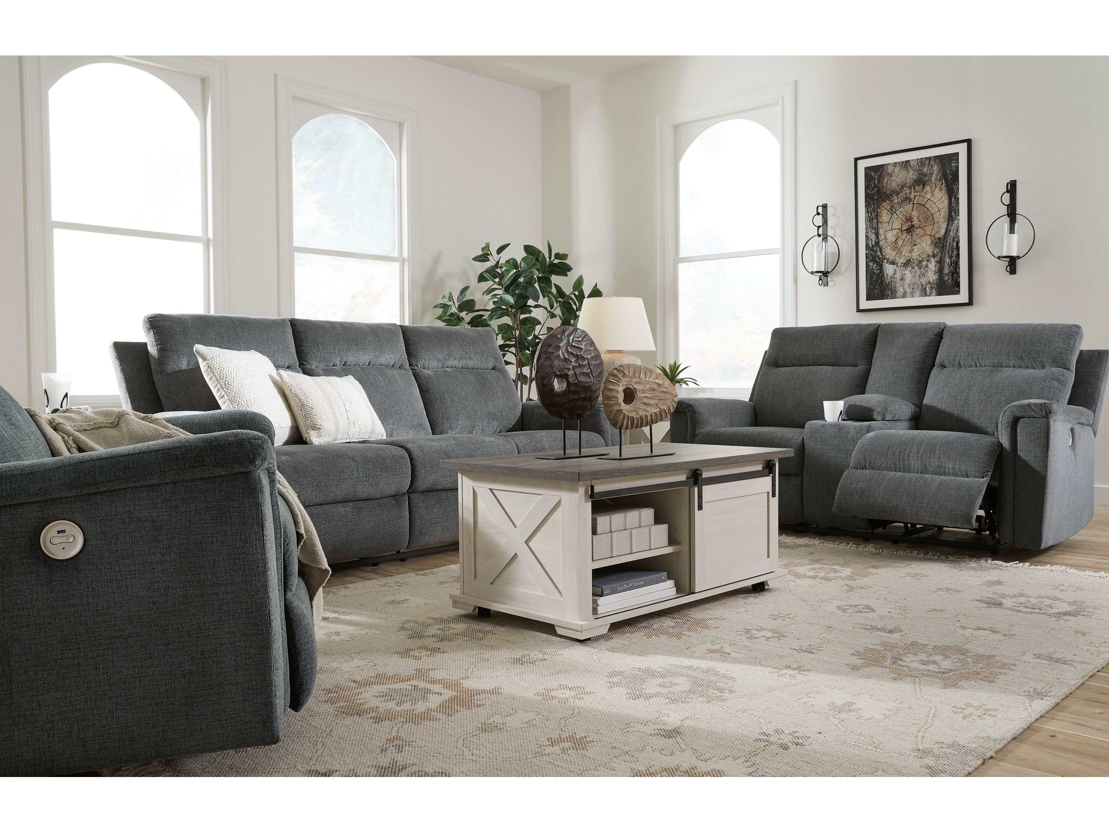 Barnsana Gravel Micro Chenille Power Reclining Living Room Set / 3pc