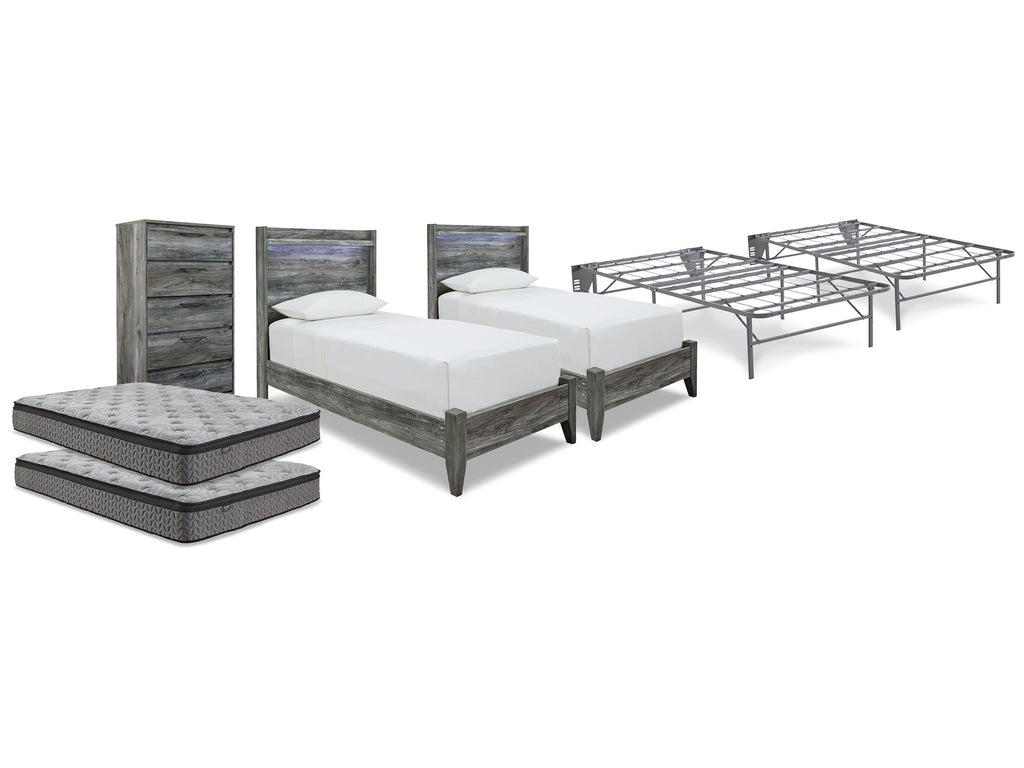 Baystorm Gray 2 Twin Panel Beds, 2 Mattresses, 2 Foundations, and Chest