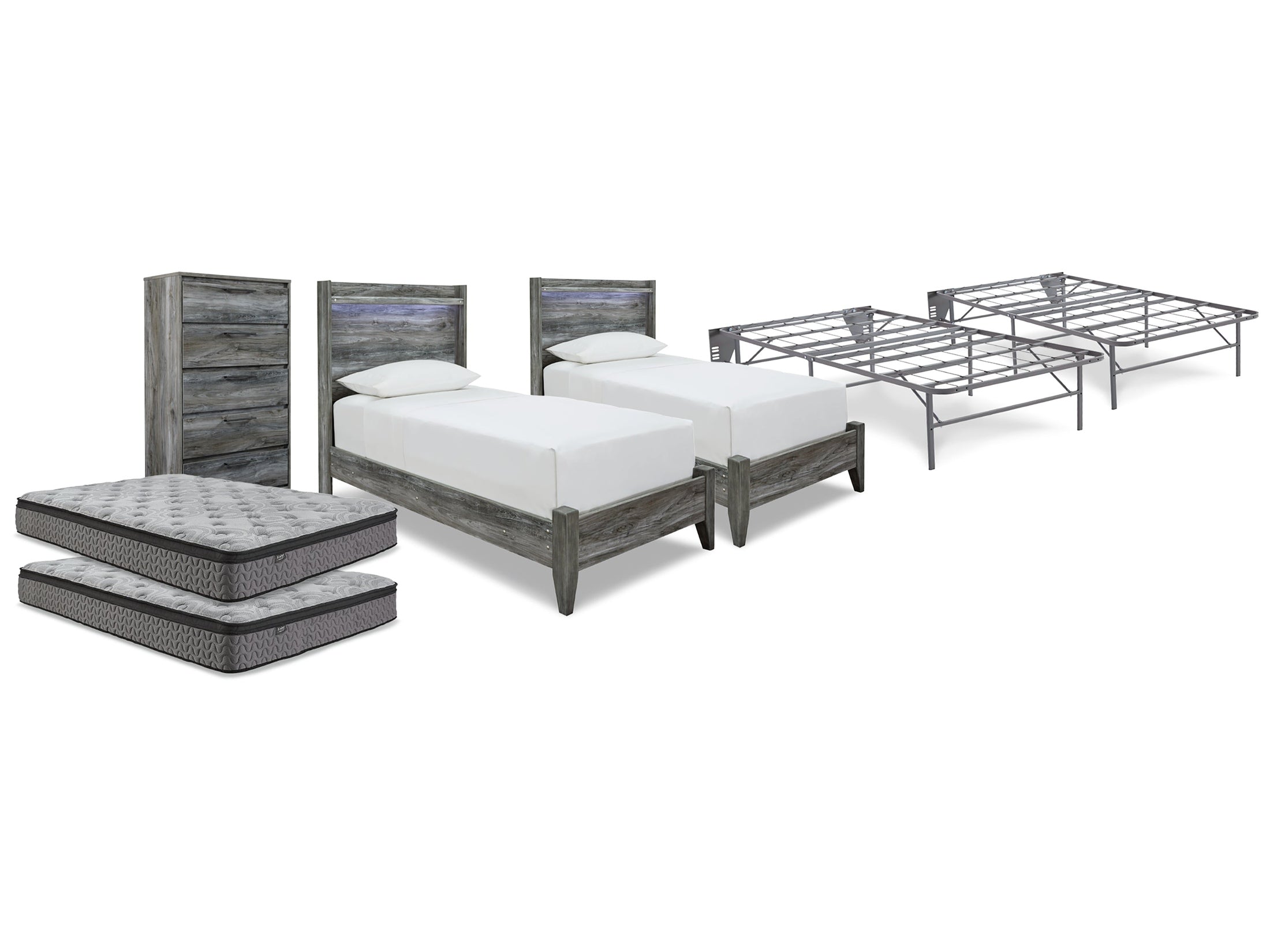 Baystorm Gray 2 Twin Panel Beds, 2 Mattresses, 2 Foundations, and Chest