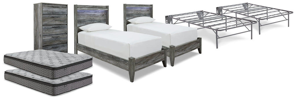 Baystorm Gray 2 Twin Panel Beds, 2 Mattresses, 2 Foundations, and Chest