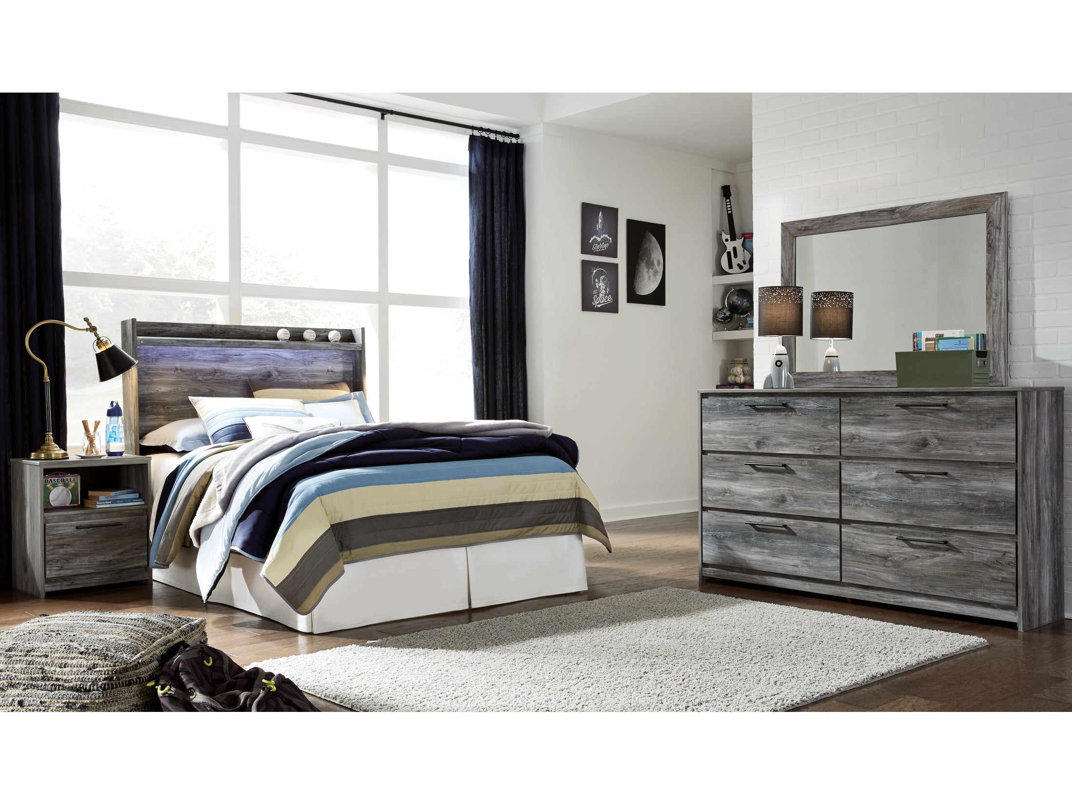 Baystorm Full Panel Bed Headboard, Dresser, Mirror and Nightstand, Gray