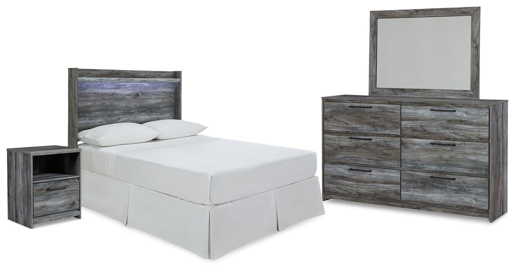 Baystorm Full Panel Bed Headboard, Dresser, Mirror and Nightstand, Gray