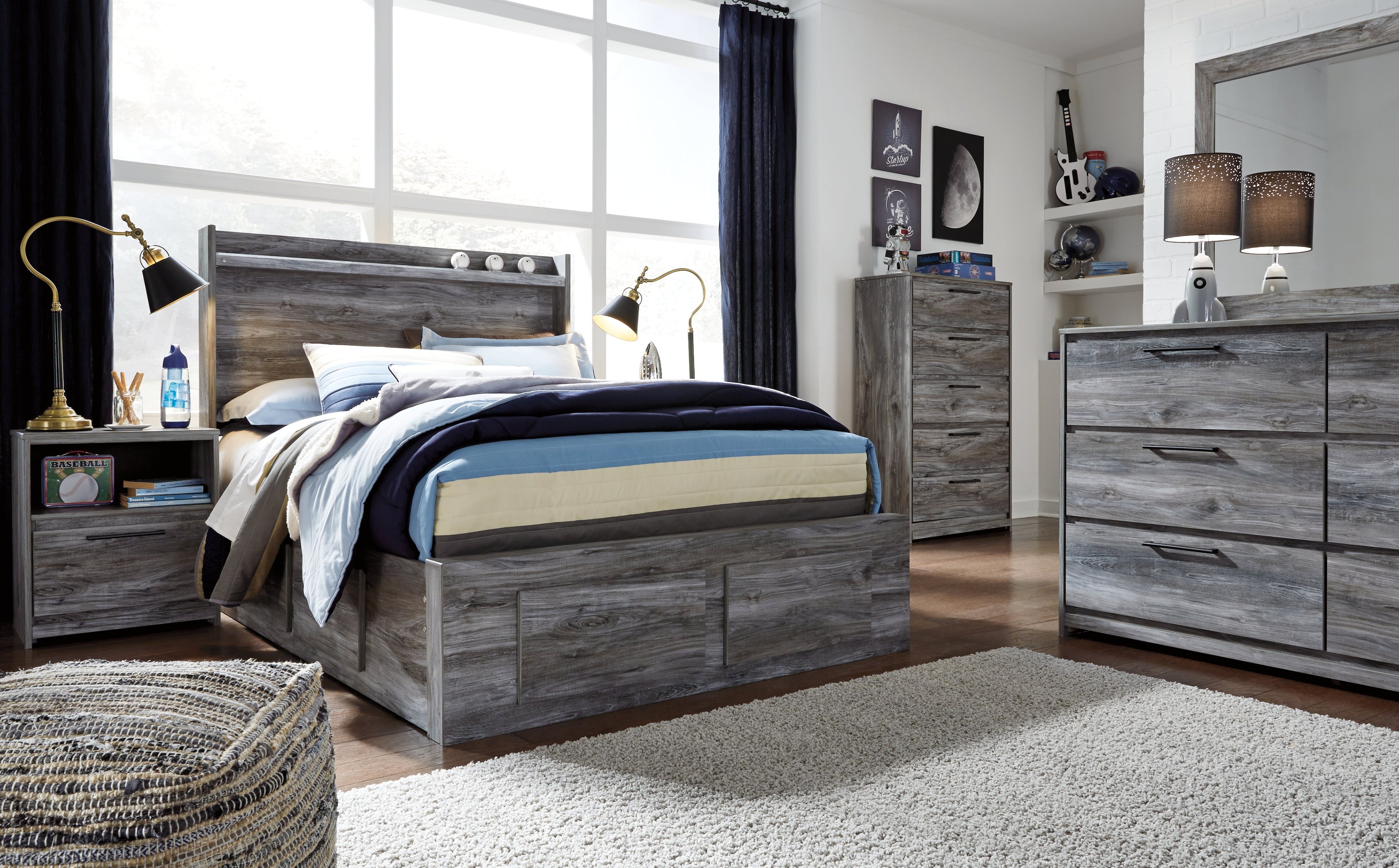 Baystorm Gray Full Panel Bed with 6 Storage Drawers