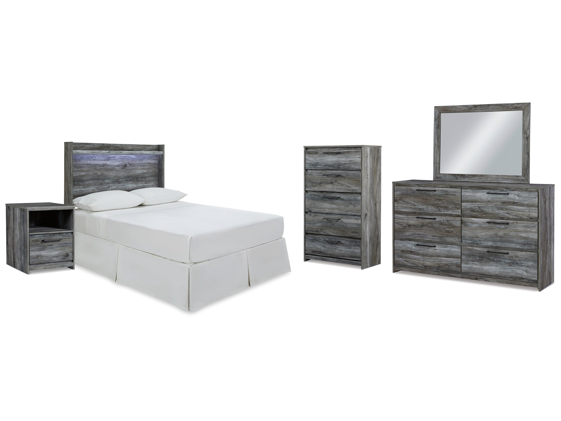 Baystorm Full Panel Headboard Bed. Dresser & Mirror & Chest & Nightstand, Gray
