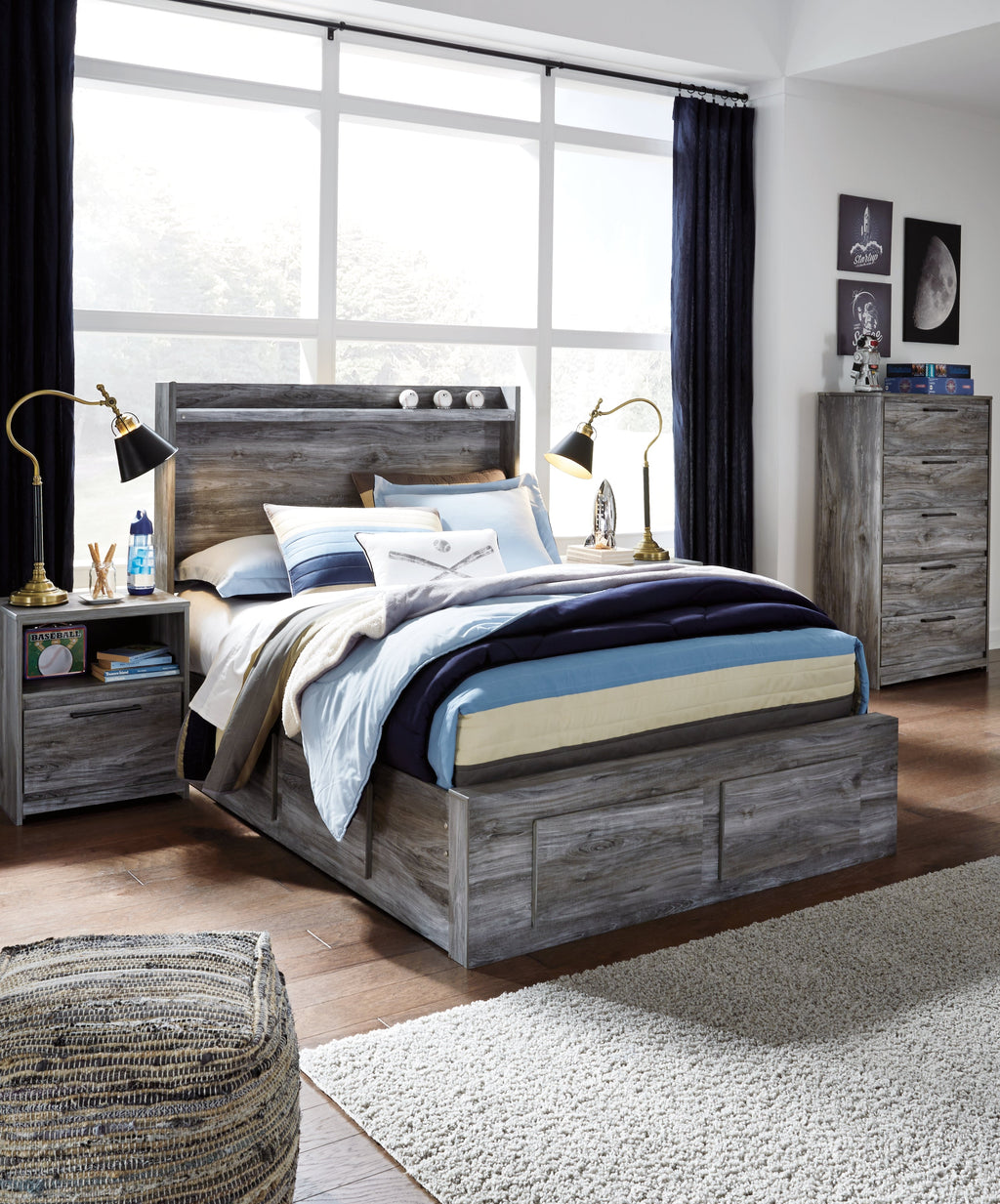 Baystorm Gray Full Panel Storage Bed & Dresser & Mirror