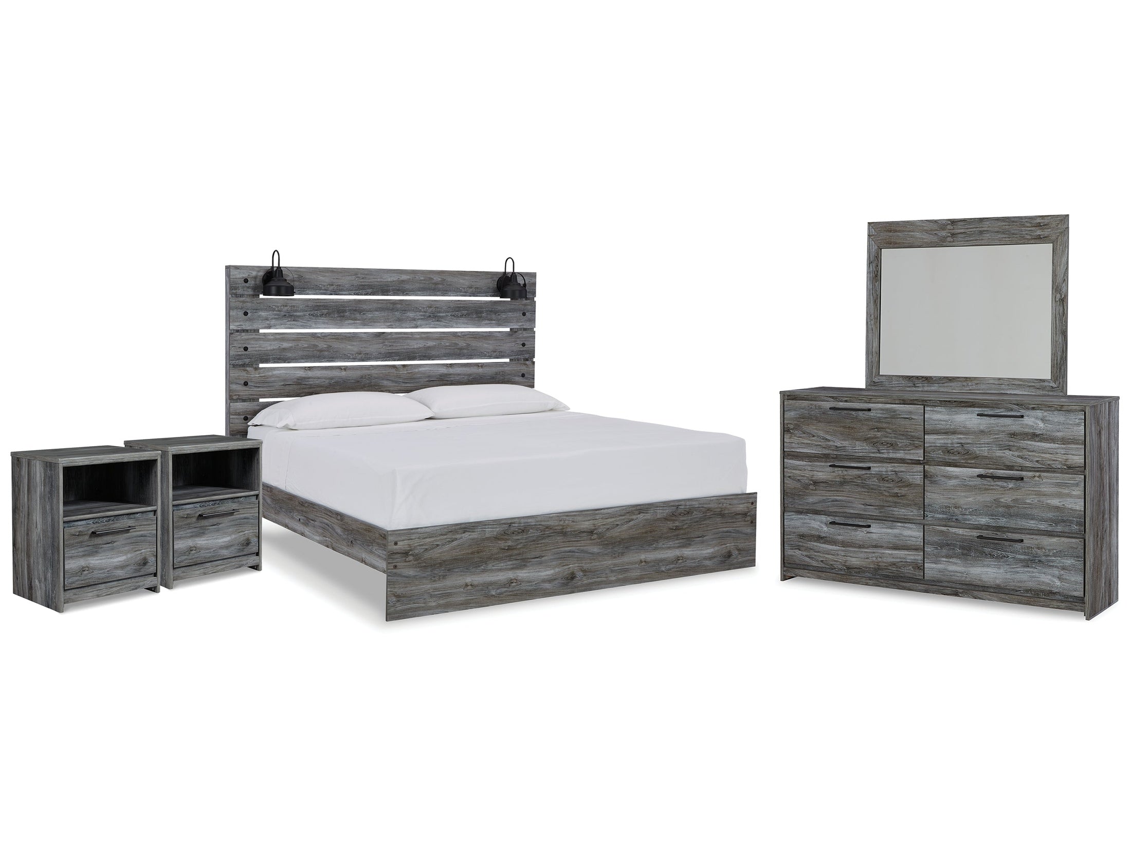 Baystorm Gray King Panel Bed & Dresser & Mirror & 2 Nightstands