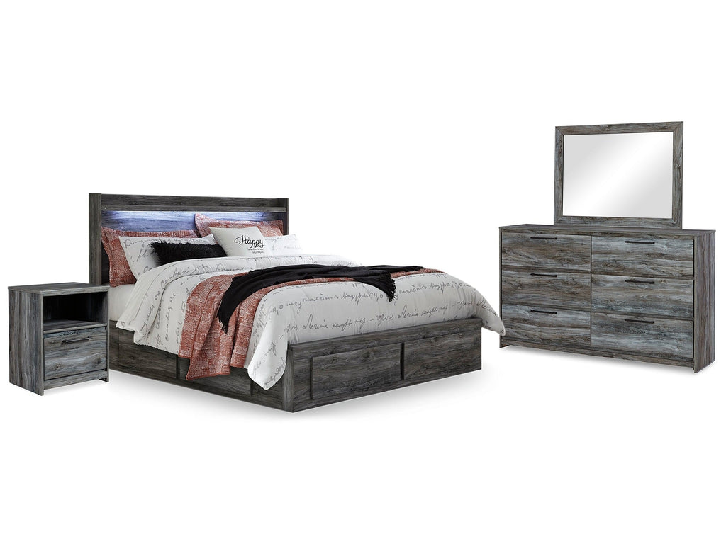 Baystorm King Panel Bed w/Storage & Dresser & Mirror & 2 Nightstands, Gray