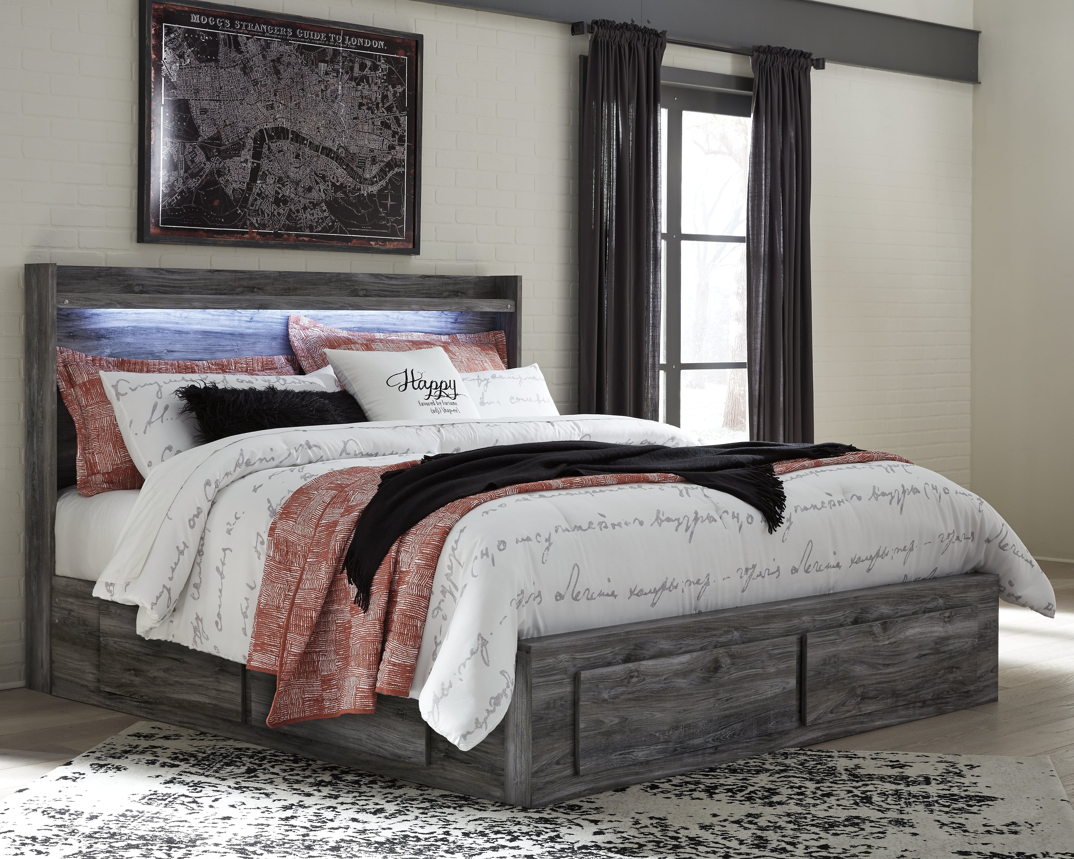 Baystorm Gray King Panel Bed with 4 Storage Drawers