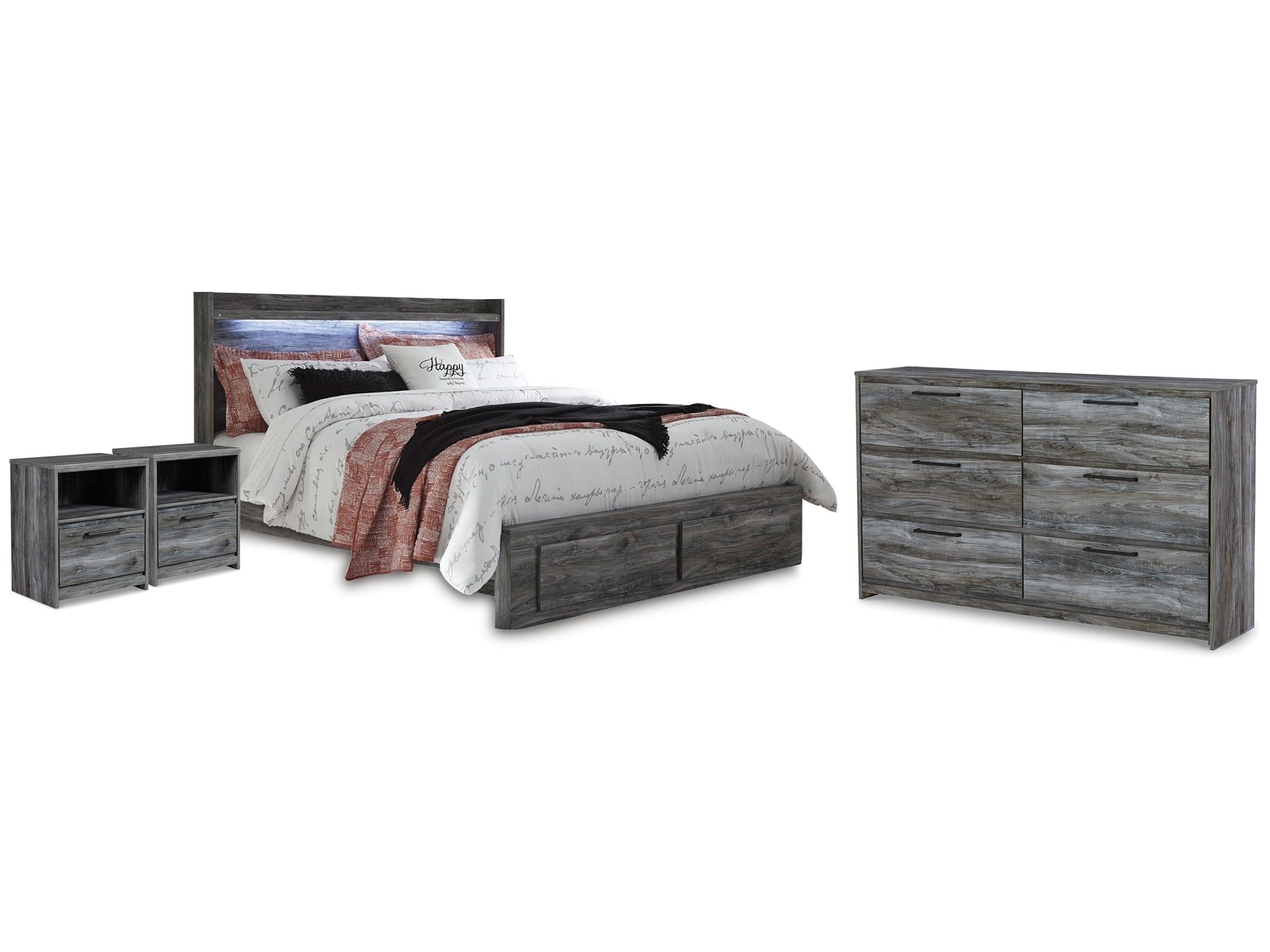 Baystorm Gray King Storage Bed & Dresser & 2 Nightstands