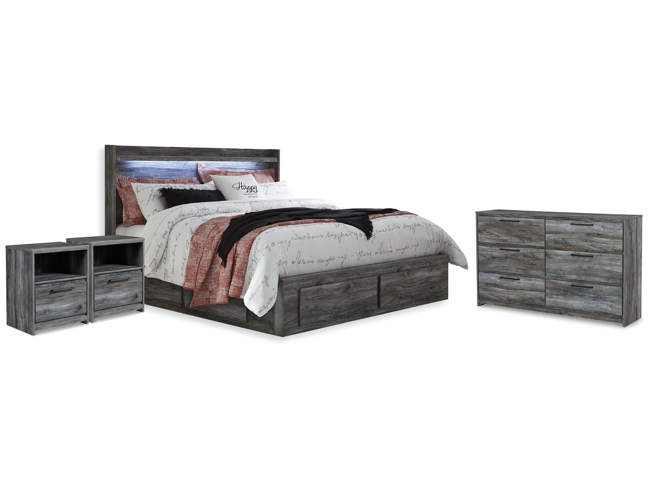 Baystorm Gray King Storage Bedroom Set with Dresser and 2 Nightstands