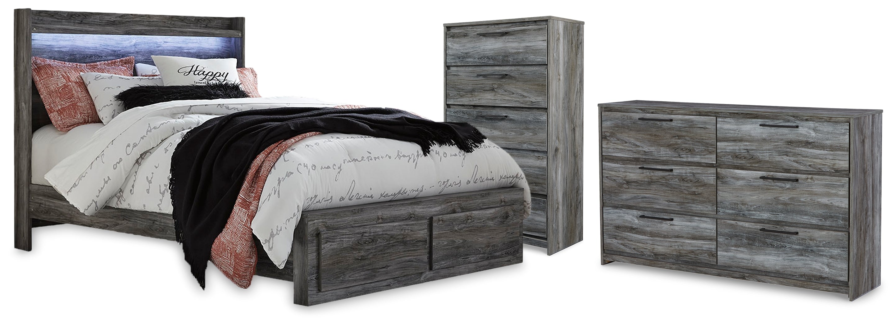 Baystorm Gray Queen Panel Storage Bed, Dresser and Chest
