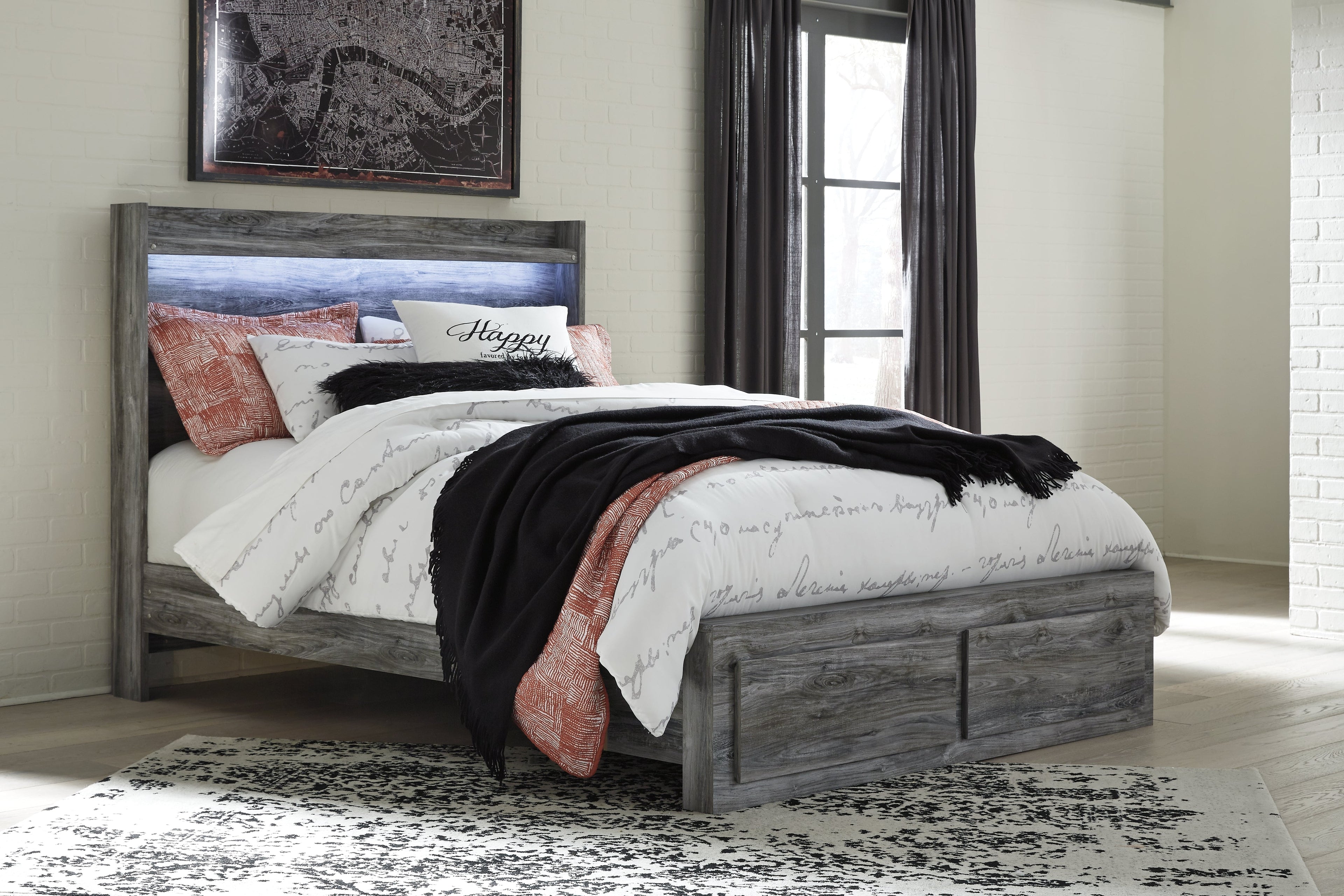 Baystorm Gray Queen Panel Storage Bed, Dresser and Chest