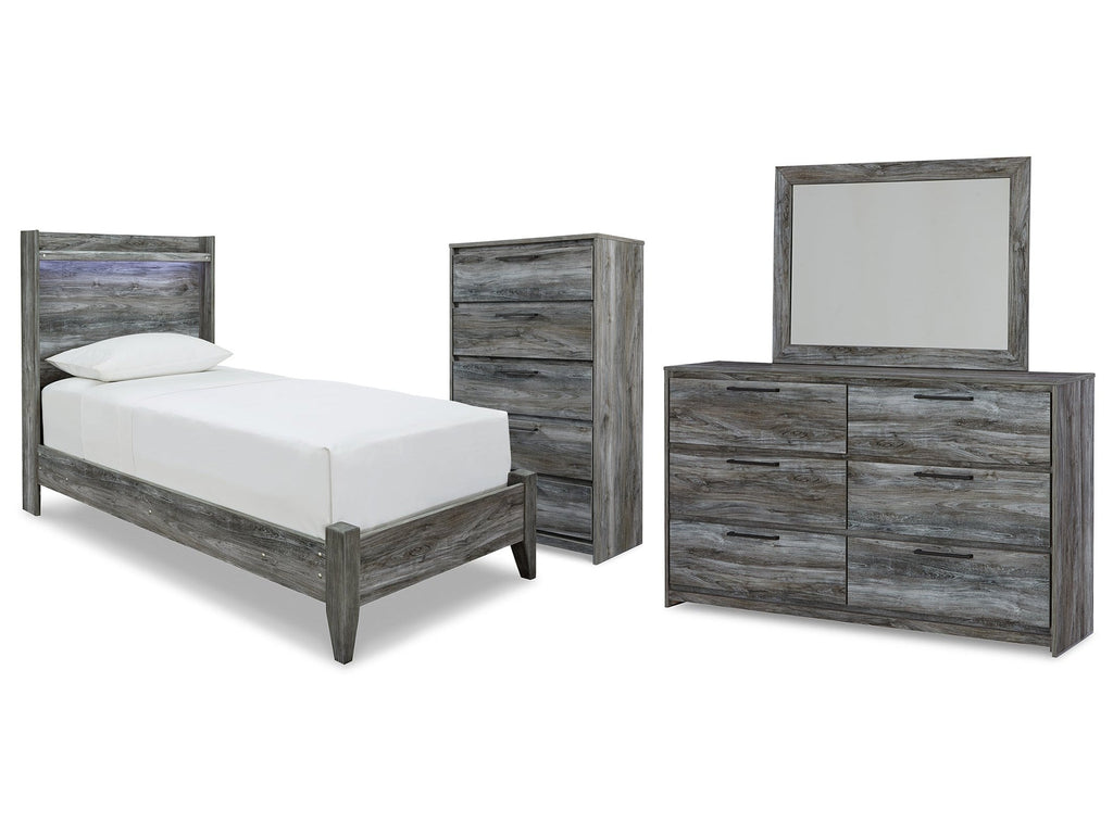 Baystorm Twin Panel Bed, Dresser, Mirror and Chest, Gray