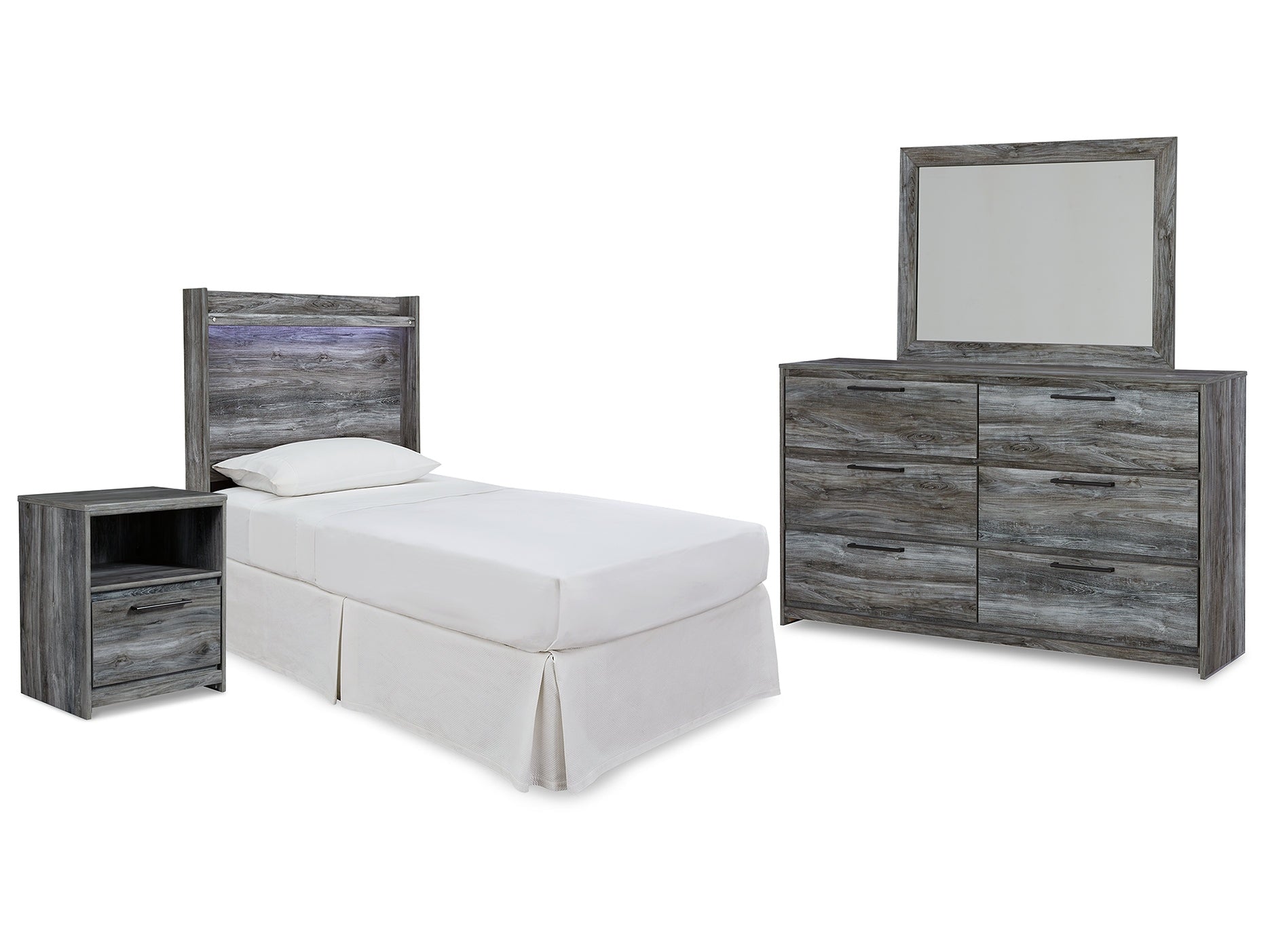 Baystorm Twin Panel Bed Headboard, Dresser, Mirror and Nightstand, Gray