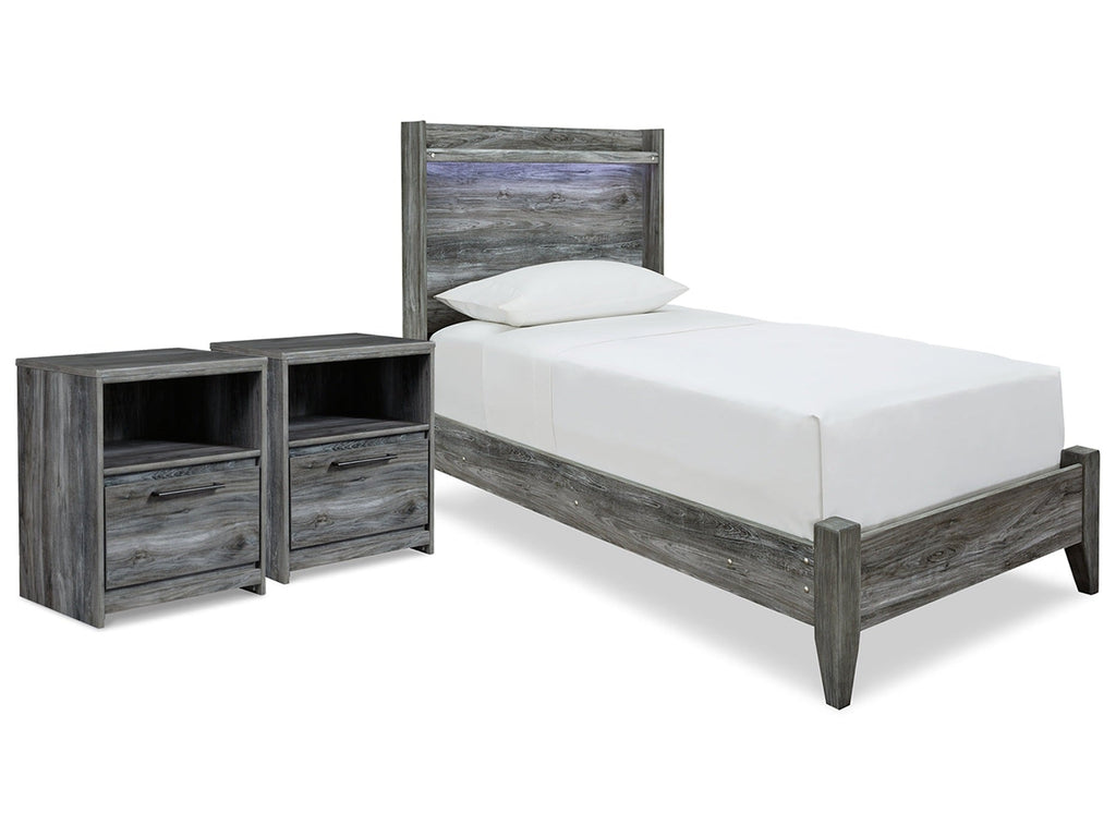 Baystorm Gray Twin Panel Bed and 2 Nightstands