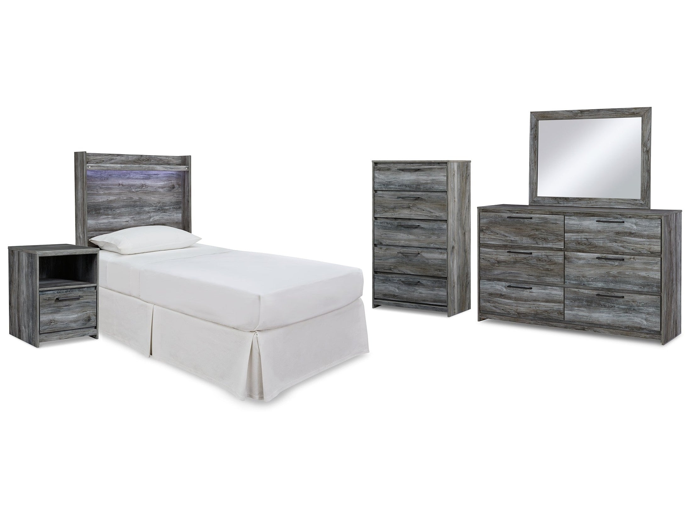 Baystorm Gray Twin Panel Headboard Bed & Dresser & Mirror & Nightstand