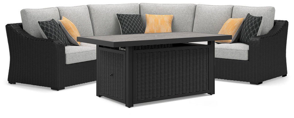 Beachcroft /Light Gray 3 Pc Outdoor Sectional and Fire Pit Table, Black