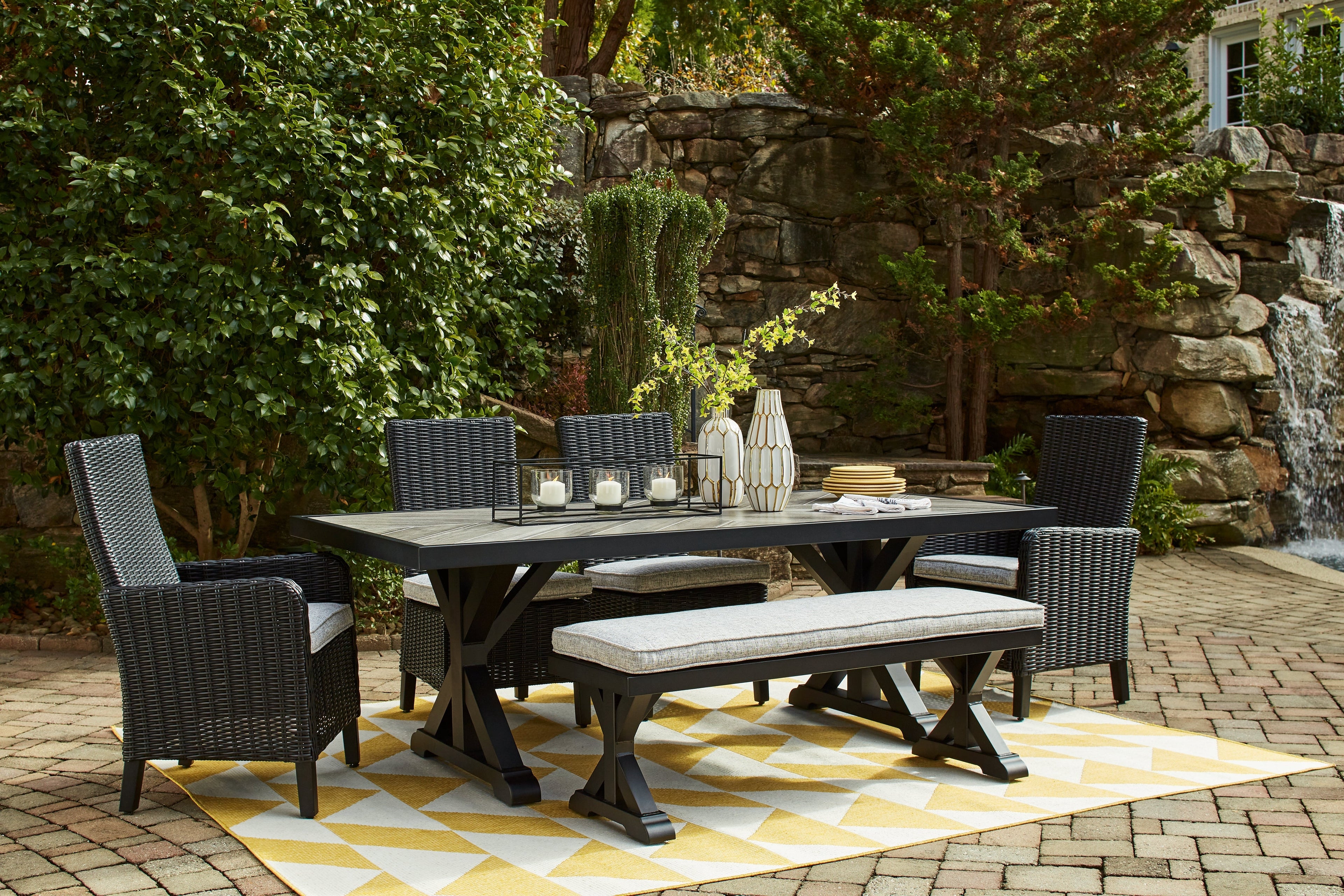 Beachcroft Black/Light Gray Outdoor Dining Table, 4 Chairs and Bench