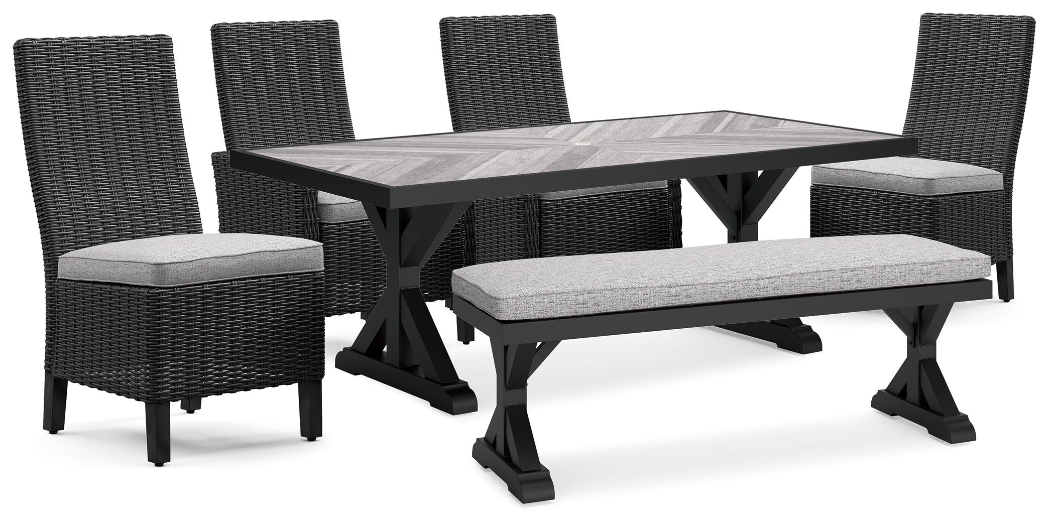 Beachcroft Black/Light Gray Outdoor Dining Table, 4 Chairs and Bench