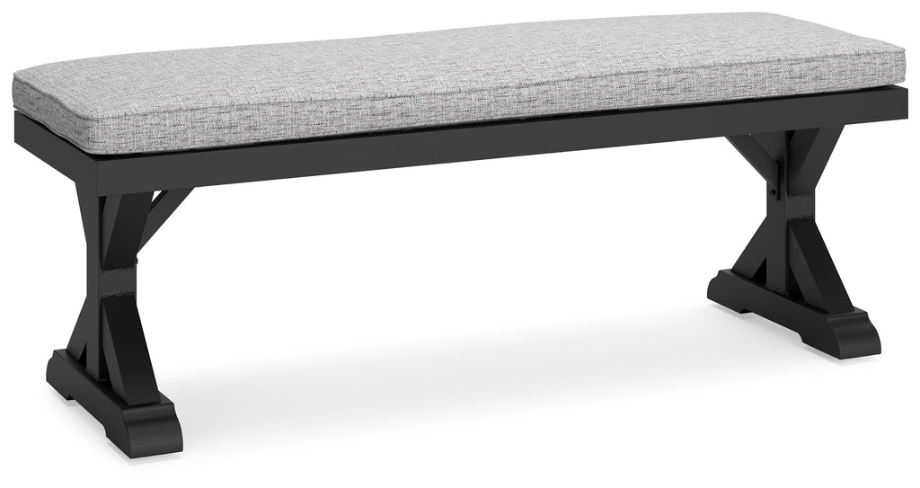 Beachcroft Black/Light Gray Outdoor Dining Table, 4 Chairs and Bench