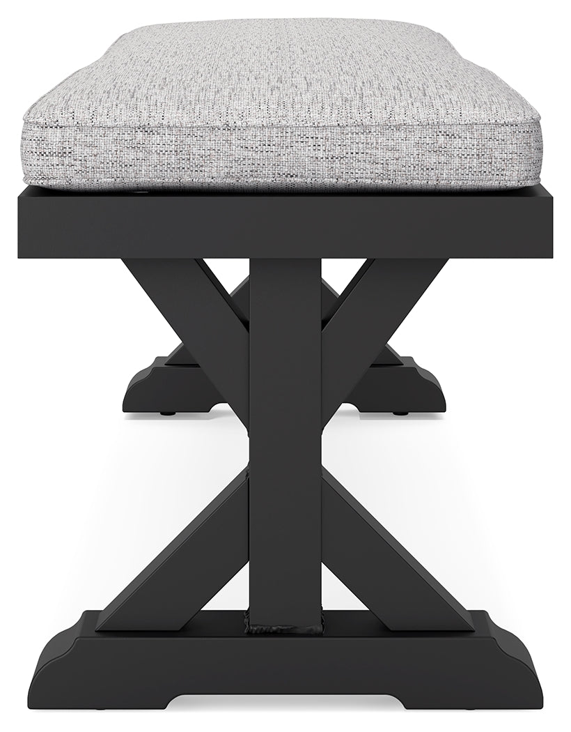 Beachcroft Black/Light Gray Outdoor Dining Table, 4 Chairs and Bench