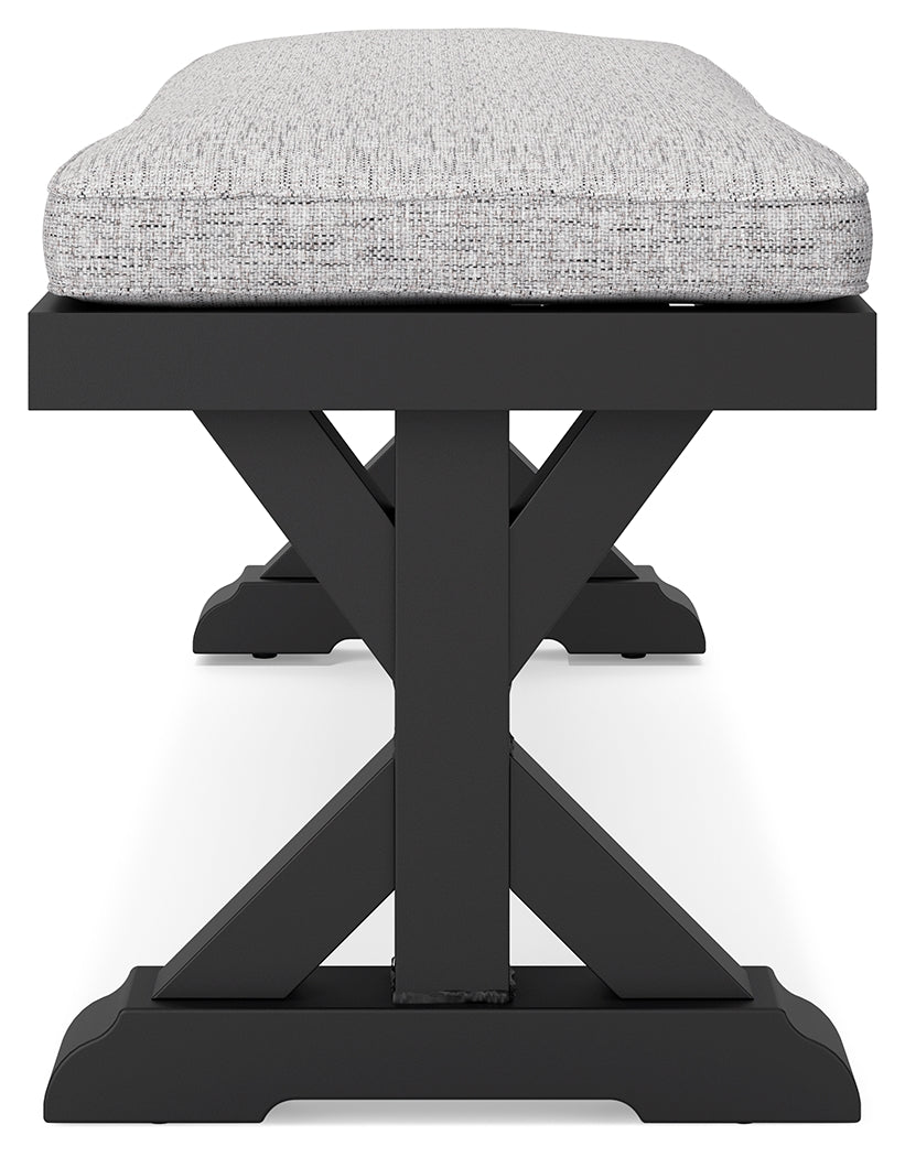 Beachcroft Black/Light Gray Outdoor Dining Table, 4 Chairs and Bench