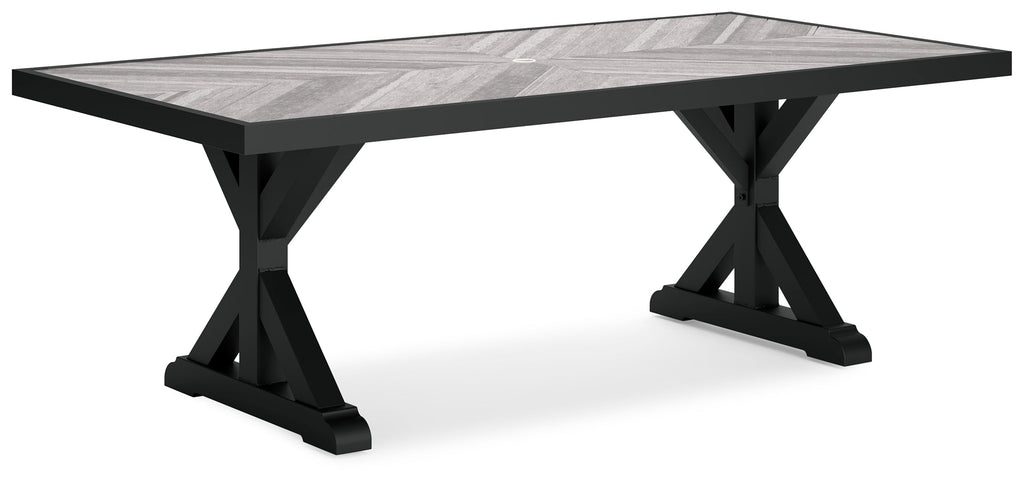 Beachcroft Black/Light Gray Outdoor Dining Table, 4 Chairs and Bench