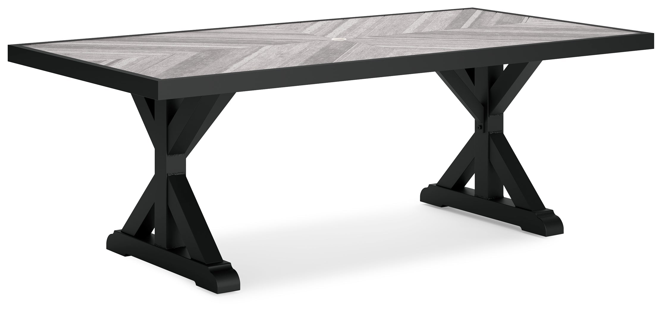 Beachcroft Black/Light Gray Outdoor Dining Table, 4 Chairs and Bench