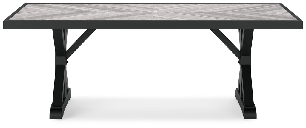 Beachcroft Black/Light Gray Outdoor Dining Table, 4 Chairs and Bench