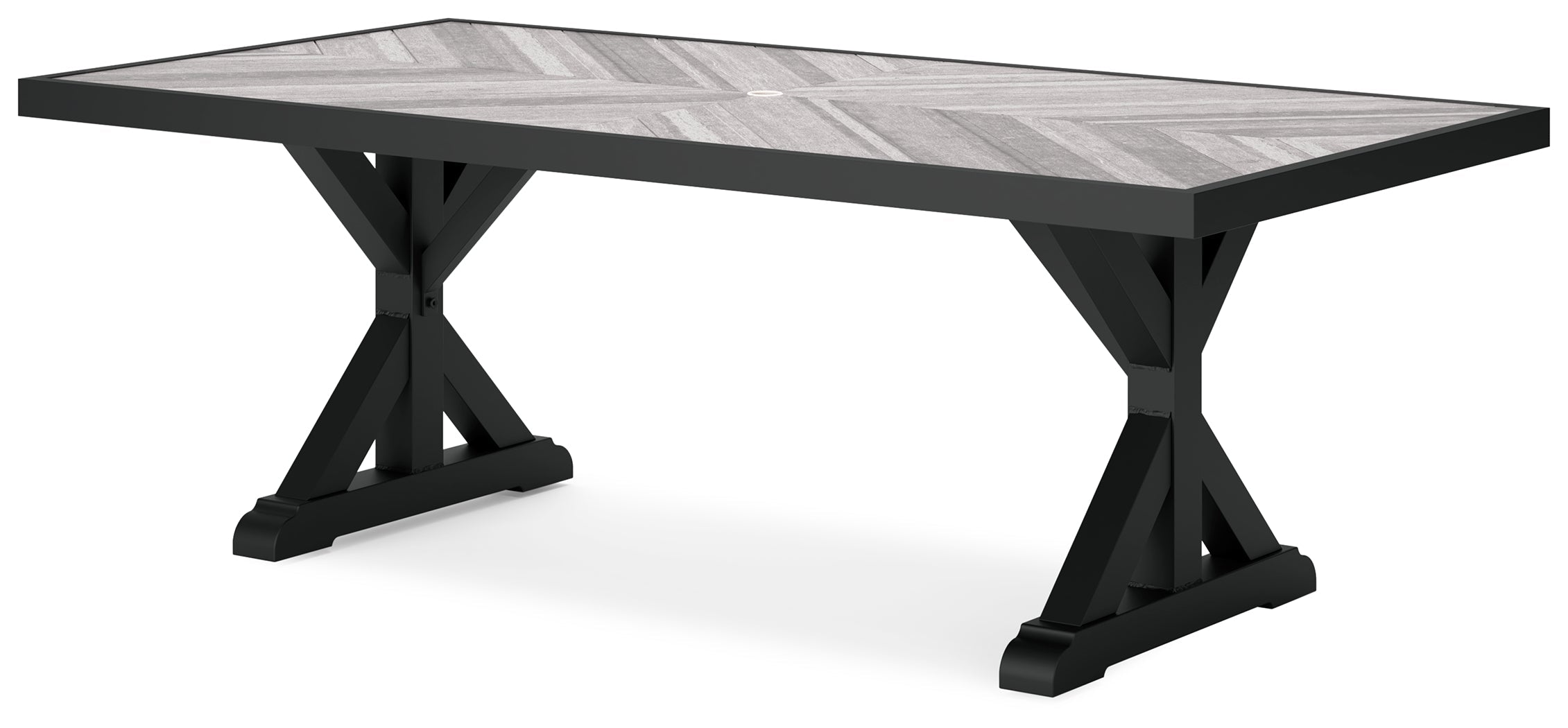 Beachcroft Black/Light Gray Outdoor Dining Table, 4 Chairs and Bench