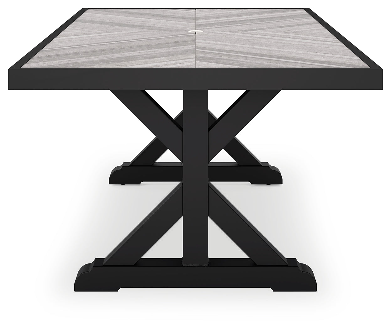Beachcroft Black/Light Gray Outdoor Dining Table, 4 Chairs and Bench