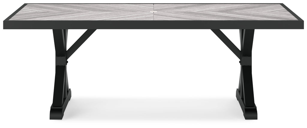 Beachcroft Black/Light Gray Outdoor Dining Table, 4 Chairs and Bench