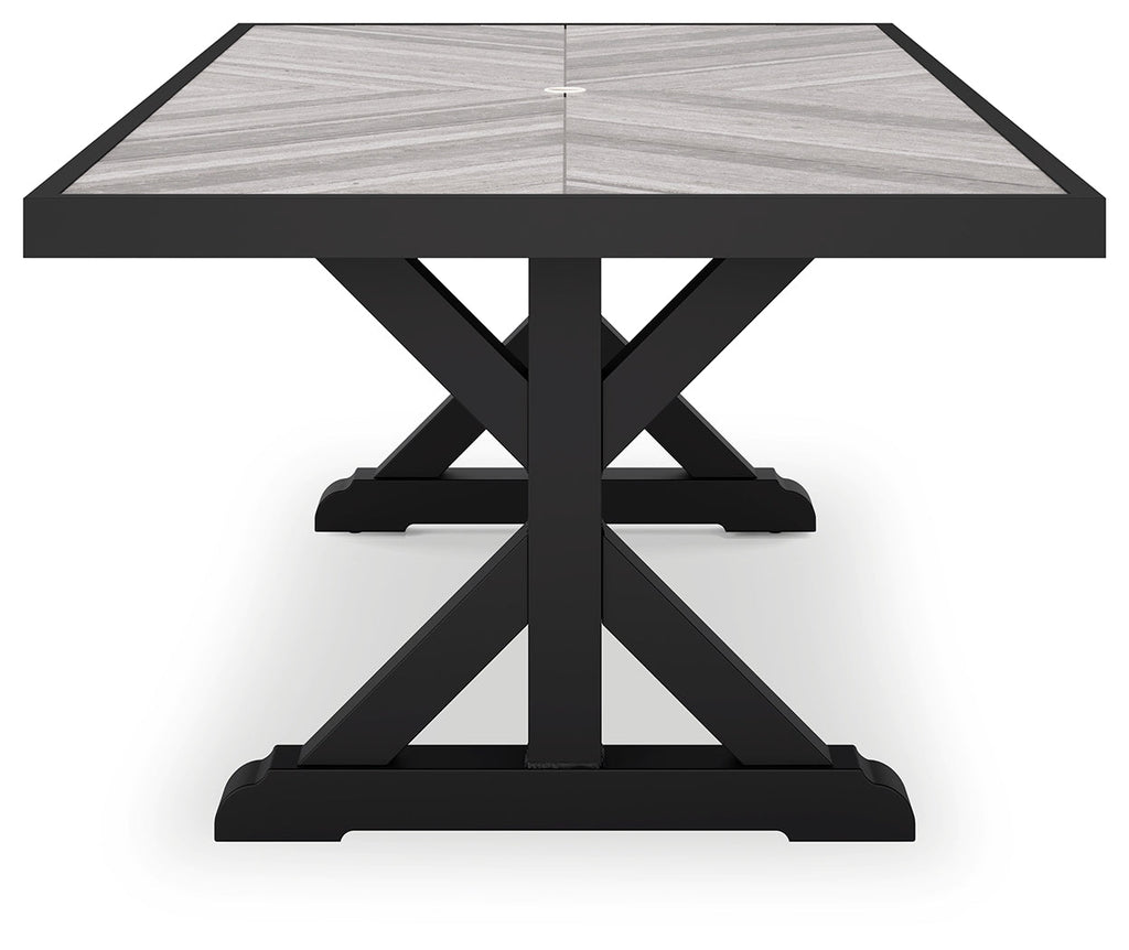 Beachcroft Black/Light Gray Outdoor Dining Table, 4 Chairs and Bench