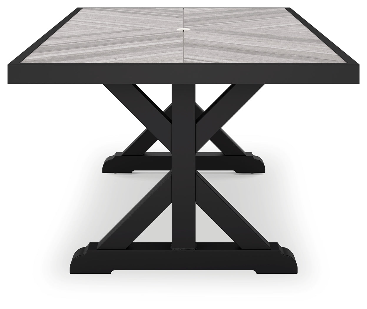 Beachcroft Black/Light Gray Outdoor Dining Table, 4 Chairs and Bench