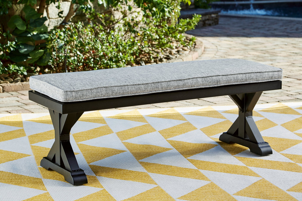 Beachcroft Black/Light Gray Outdoor Dining Table, 4 Chairs and Bench