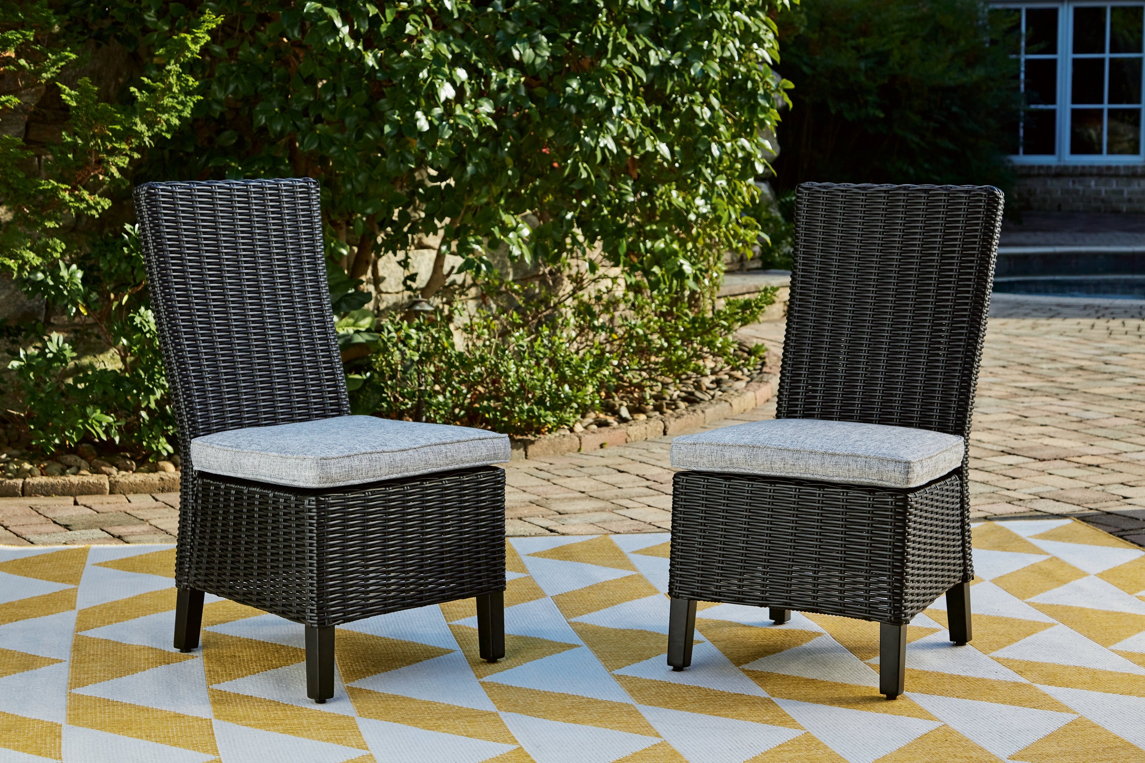 Beachcroft Black/Light Gray Outdoor Dining Table, 4 Chairs and Bench