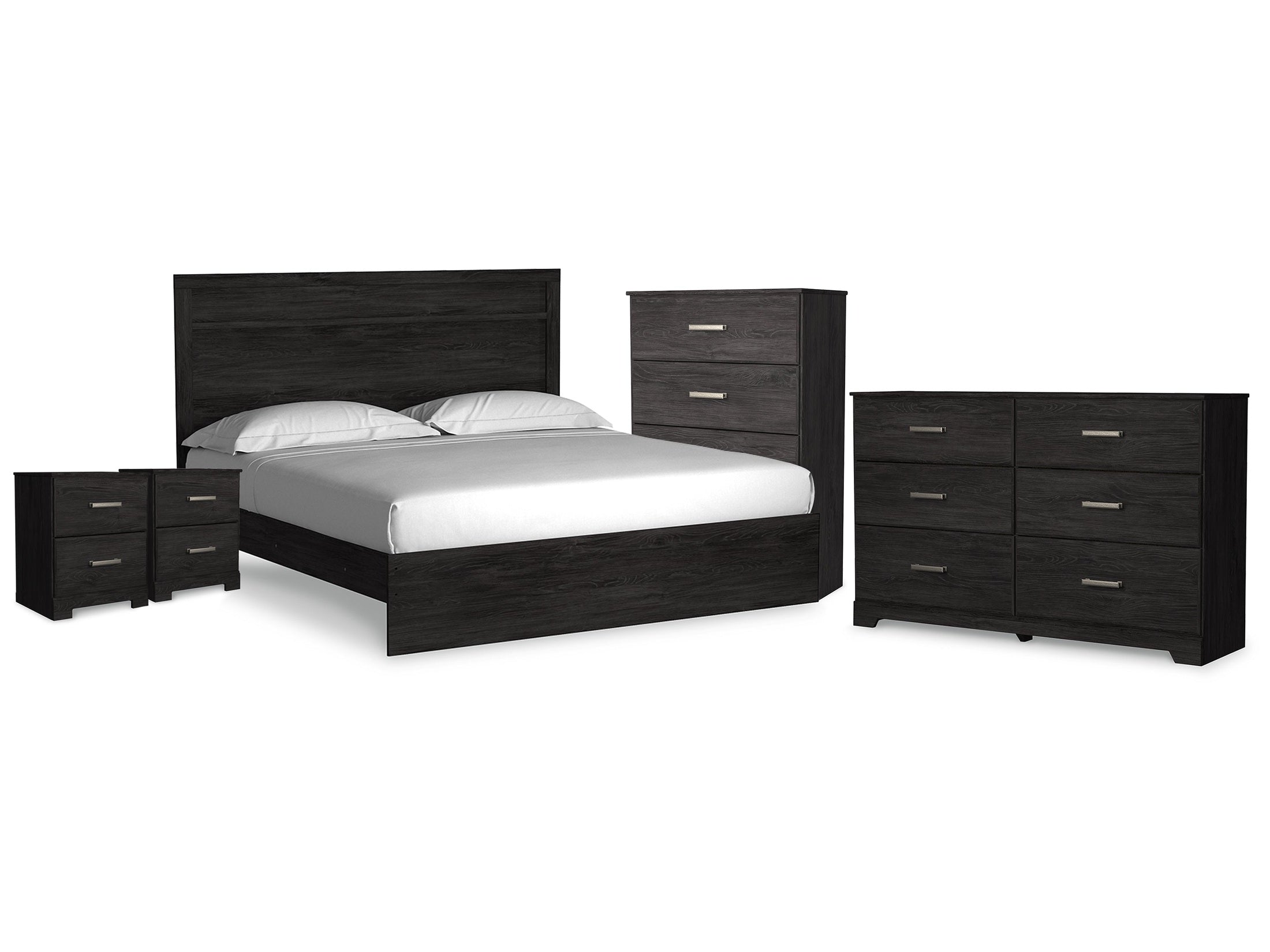Belachime King Panel Bed, Dresser, Chest and 2 Nightstands, Charcoal