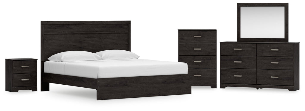 Belachime King Panel Bed, Dresser, Mirror, Chest and Nightstand, Charcoal