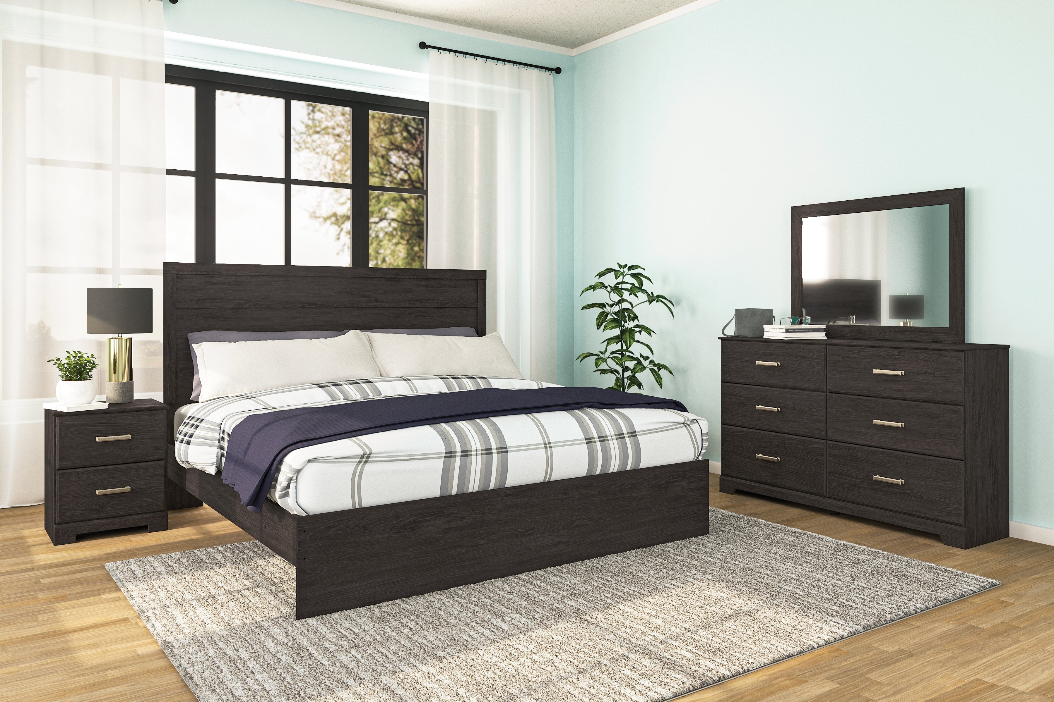 Belachime Charcoal King Panel Bed & Nightstand